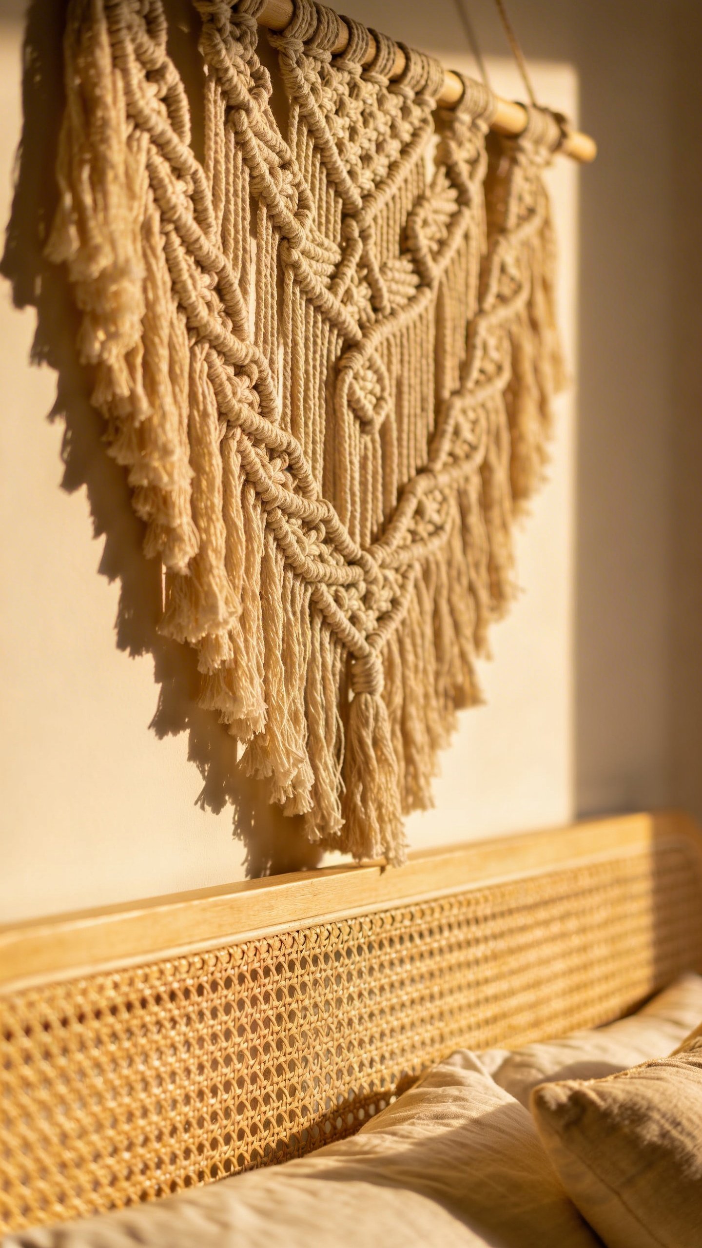 Closeup of textured macrame wall hanging above headboard