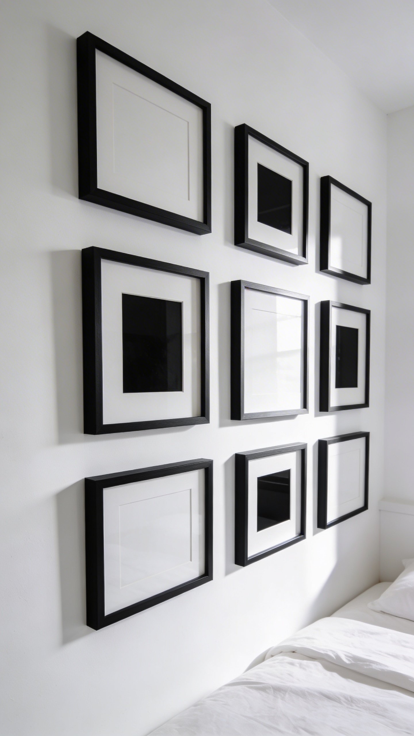 Modern gallery wall with black frames on white bedroom wall