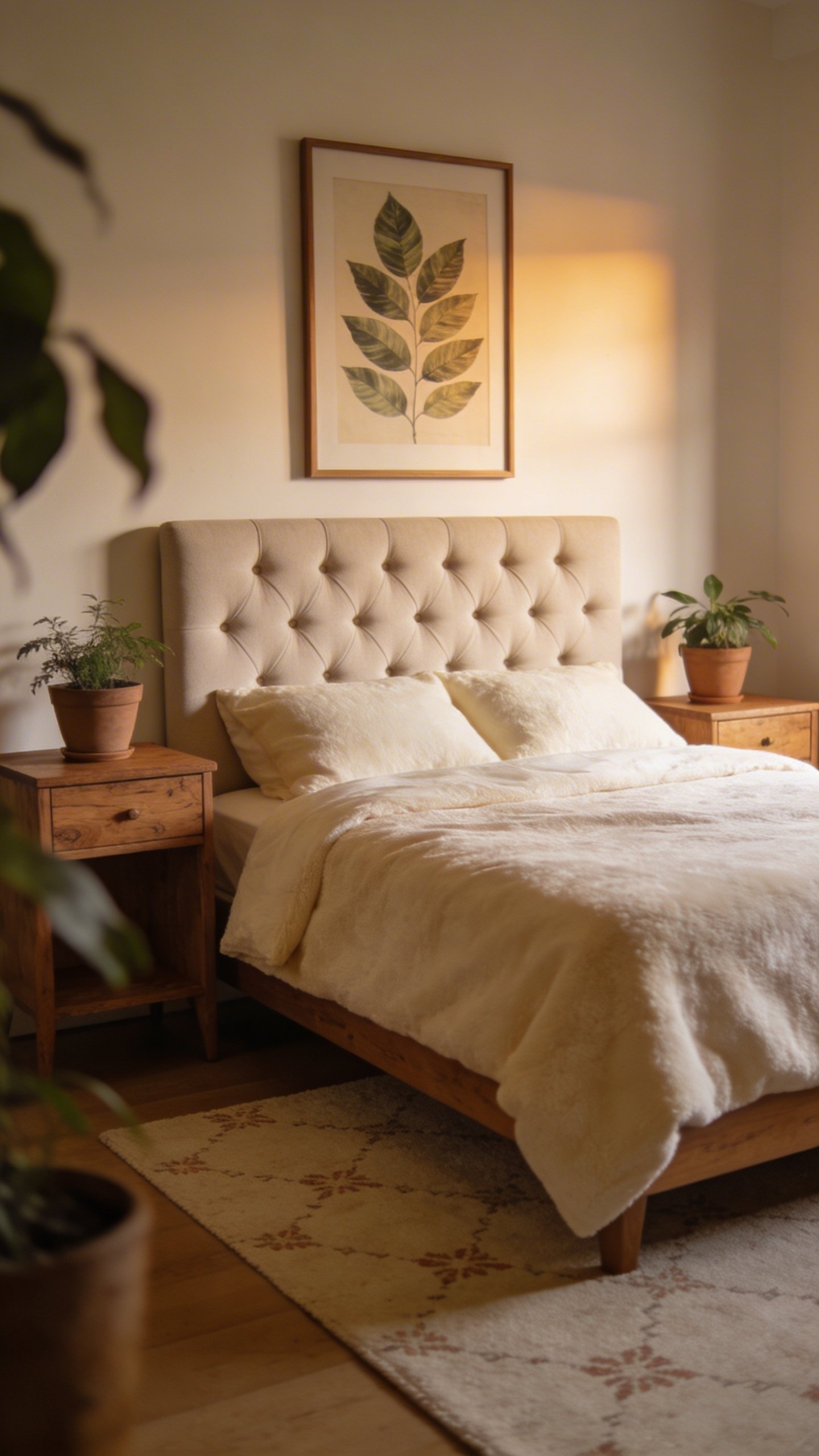 Cozy bedroom with botanical print above tufted headboard