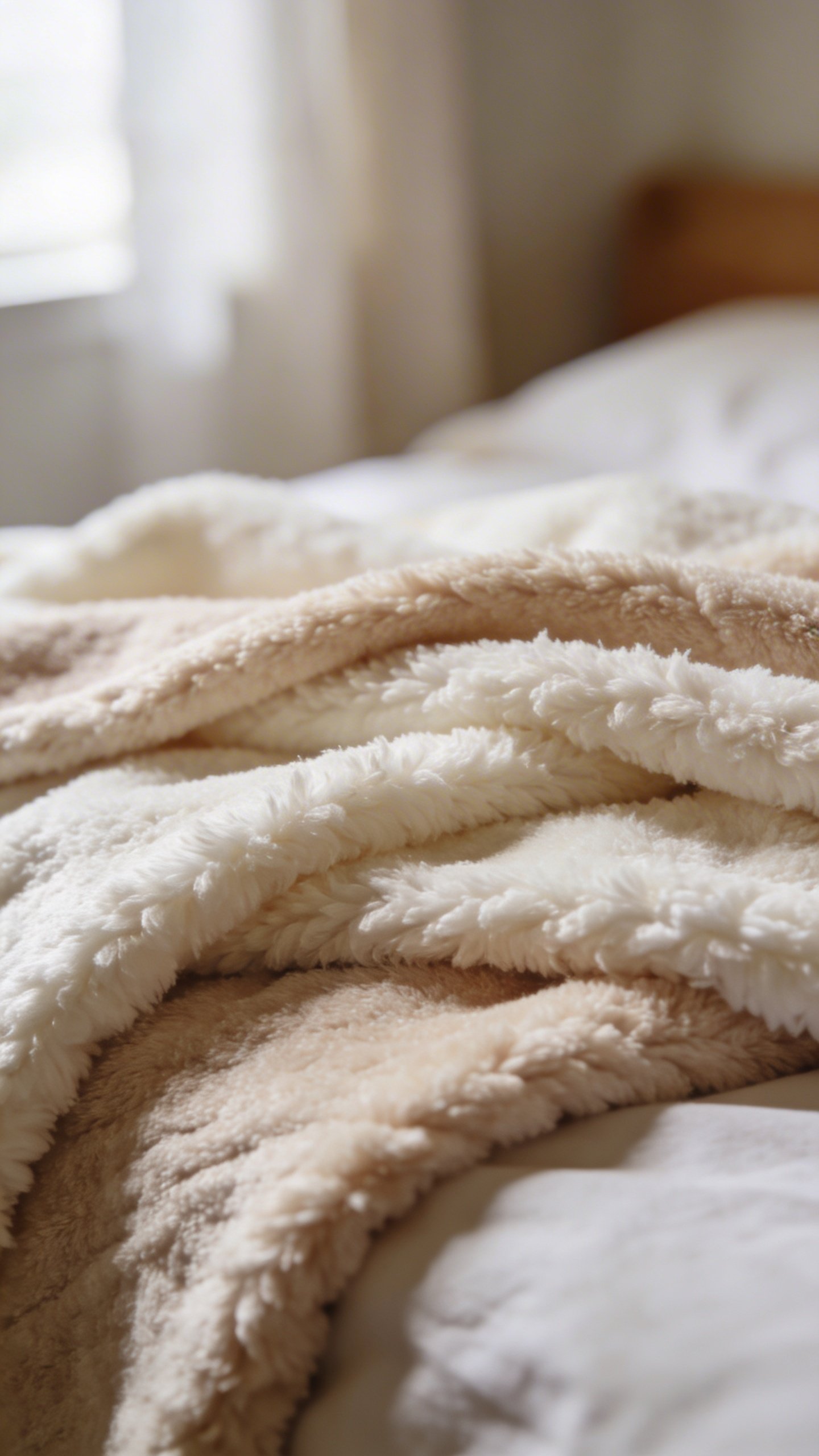 Closeup of soft layered throw blankets on bed