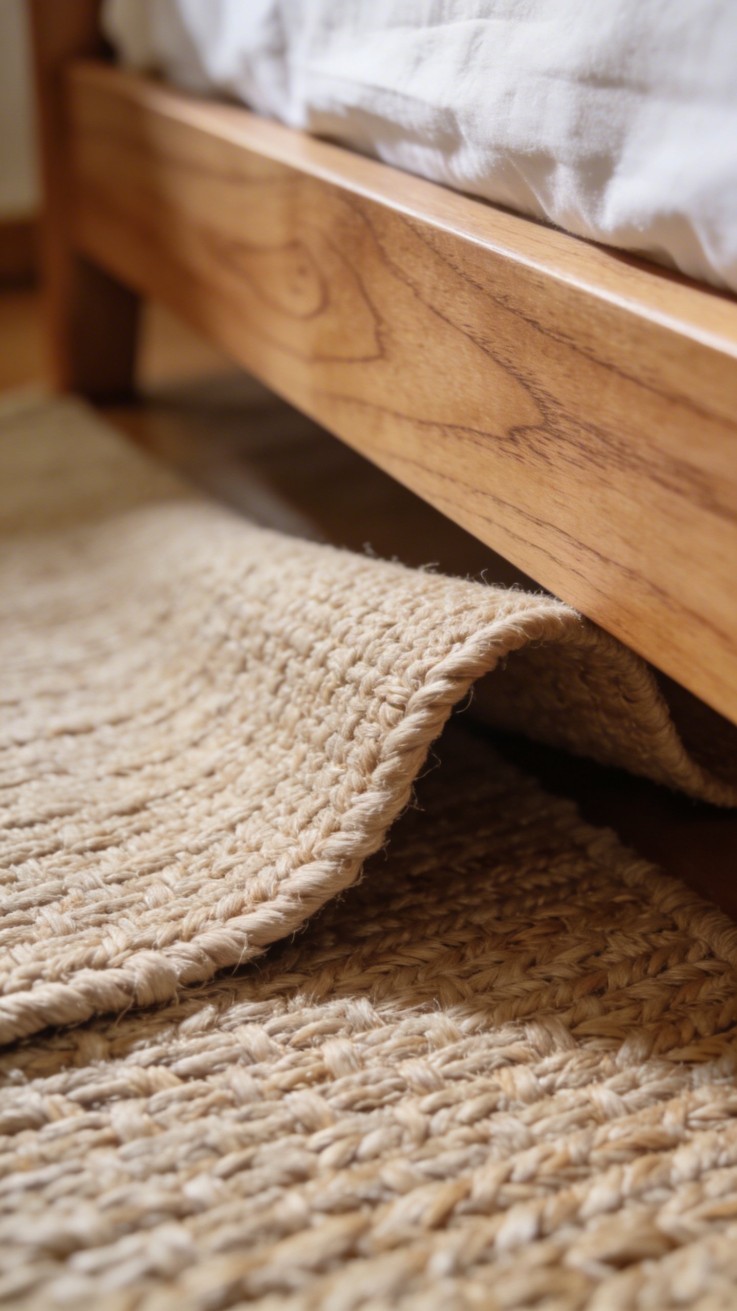 Closeup of beige area rug under wooden bed frame