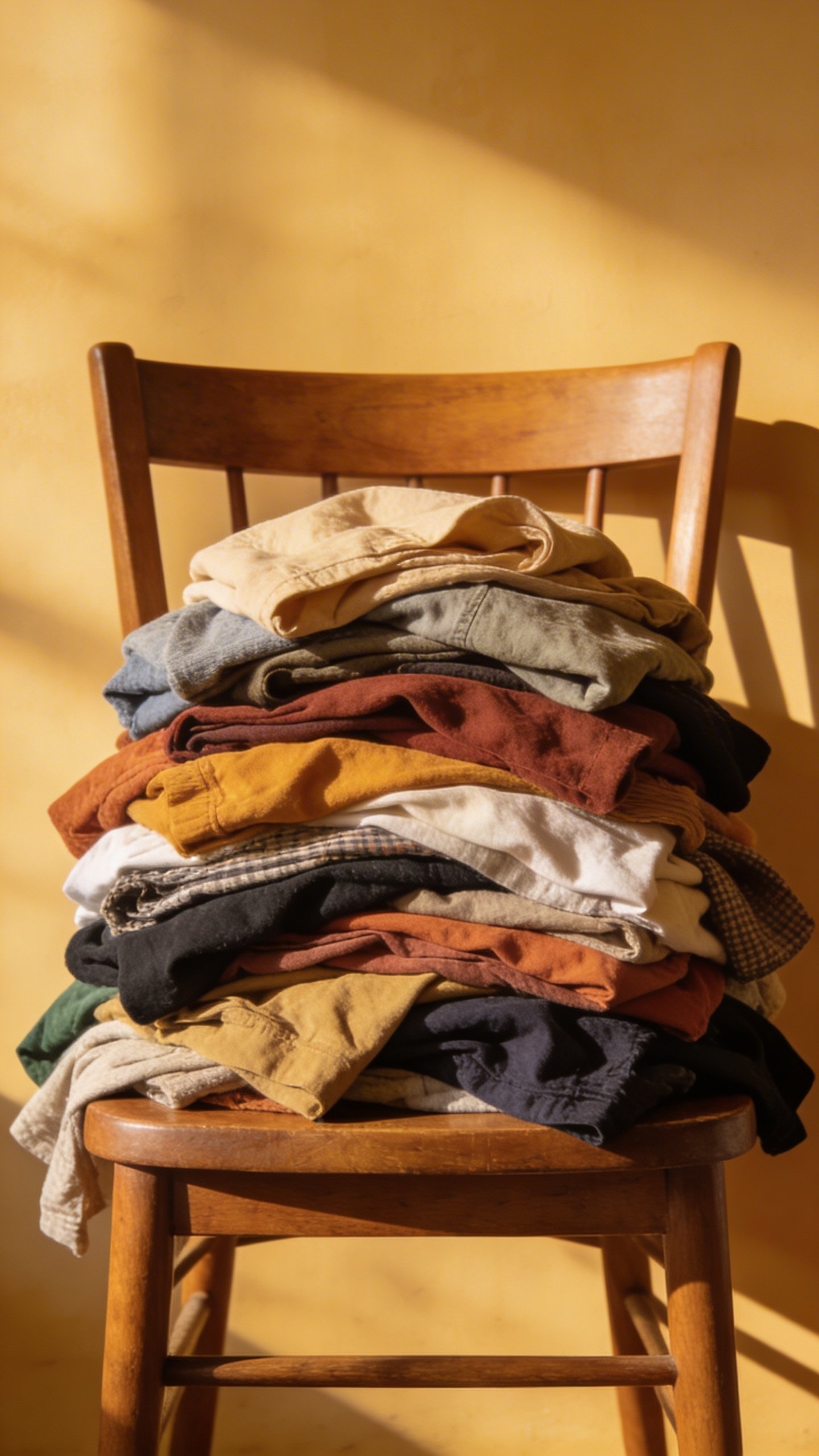 Single wooden chair piled high with unfolded clothes