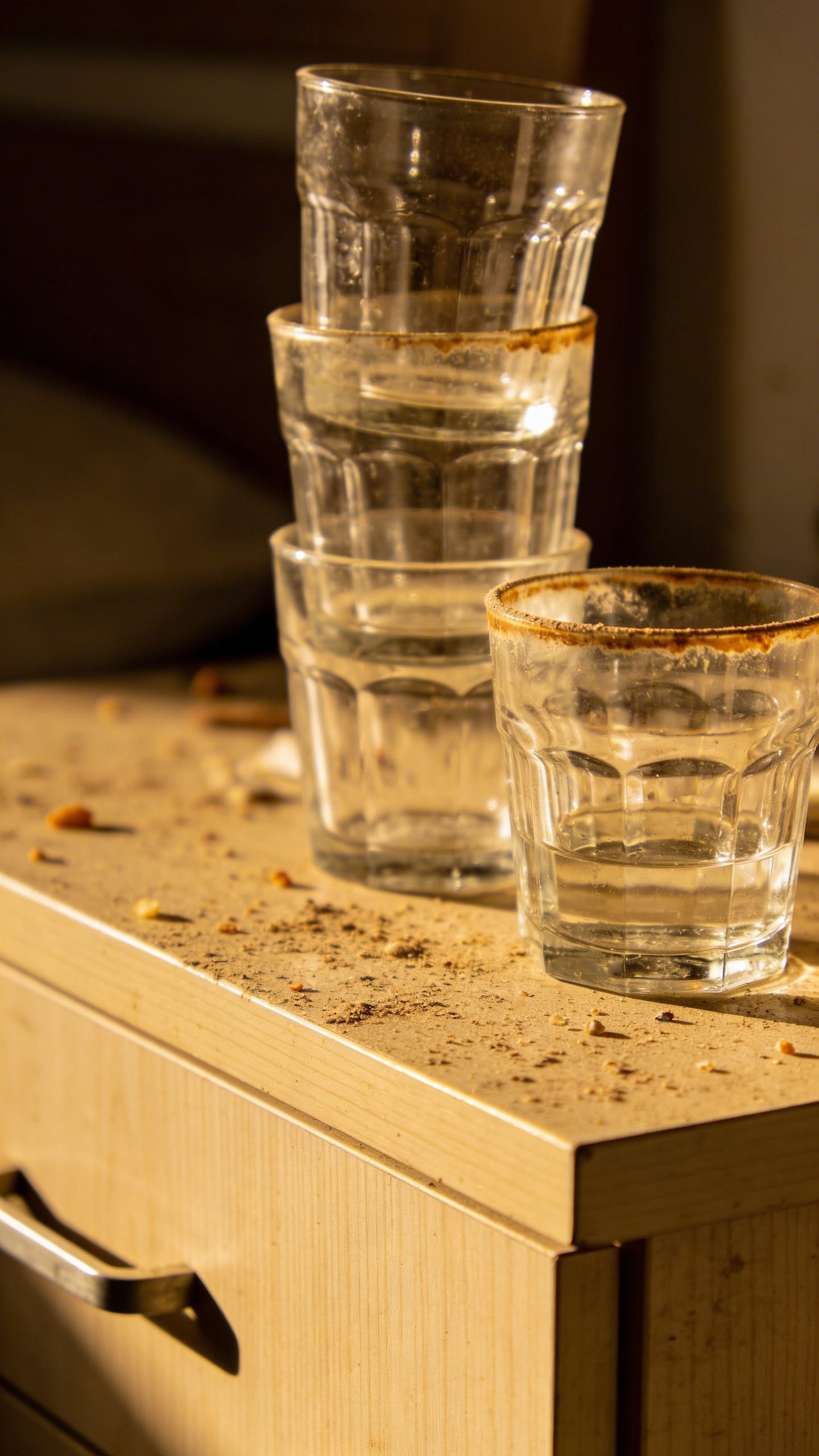 Messy nightstand with stacked empty water glasses