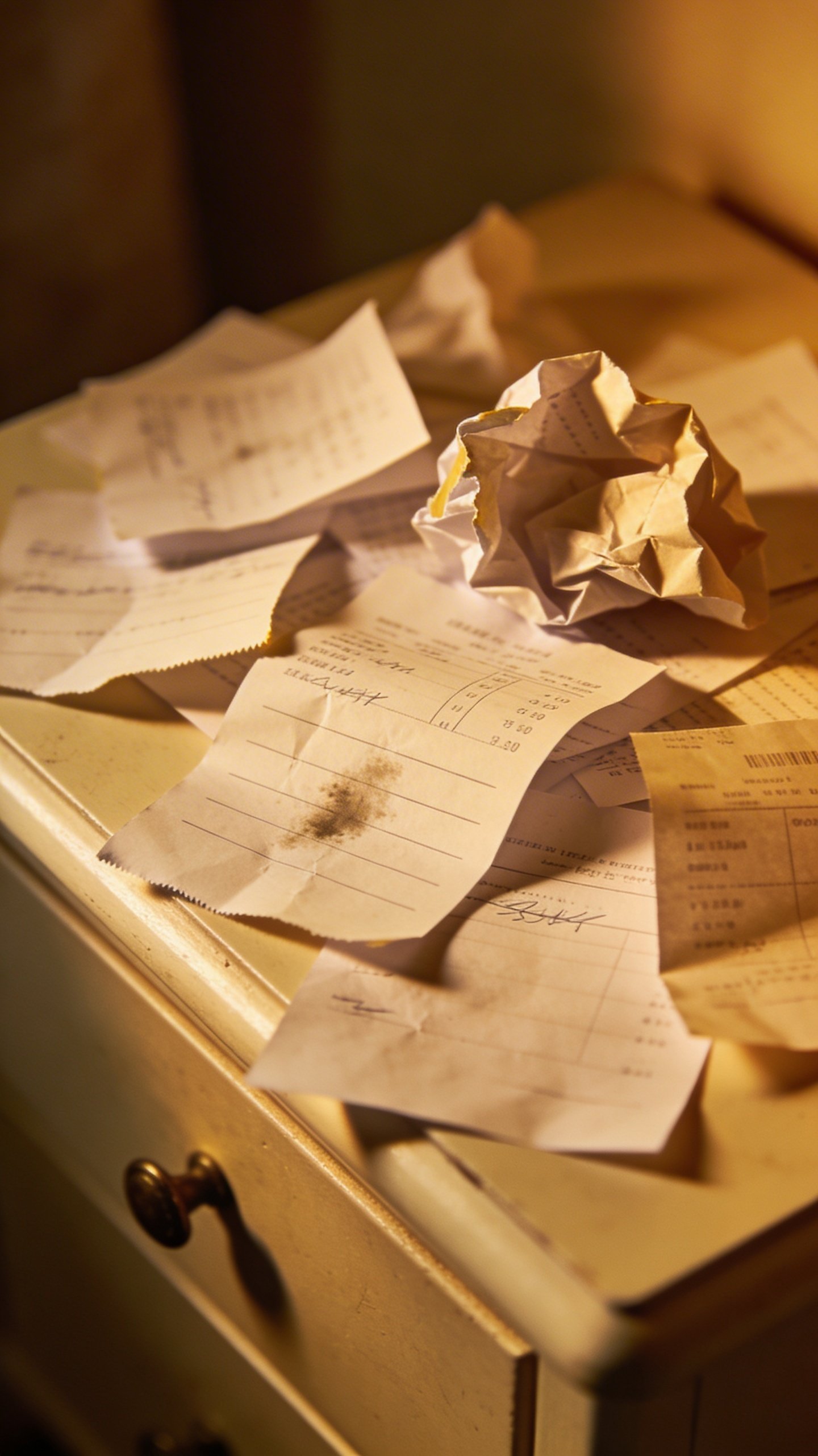 Closeup of cluttered nightstand with scattered papers and receipts