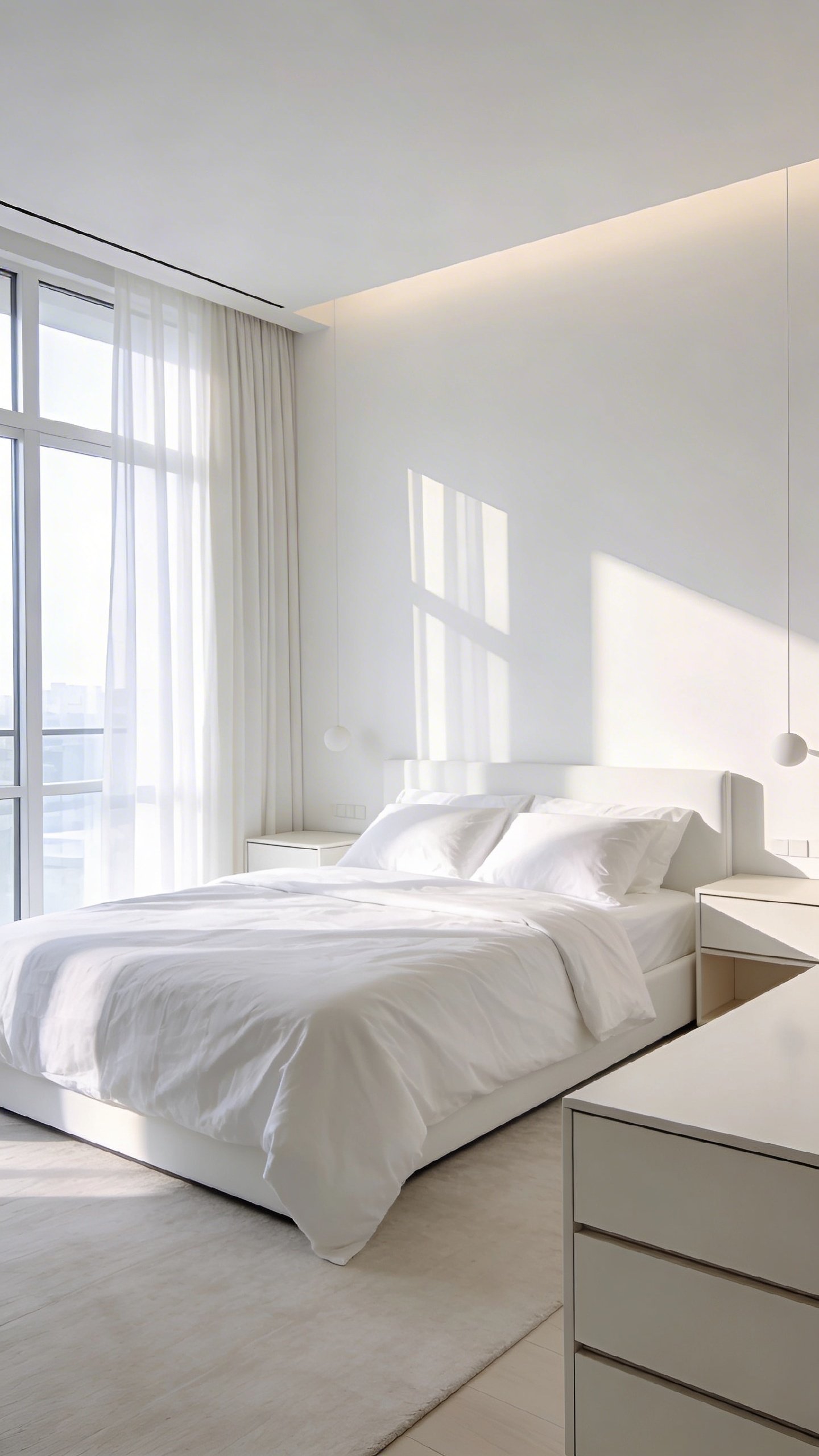 Minimalist modern bedroom with white linens and empty surfaces