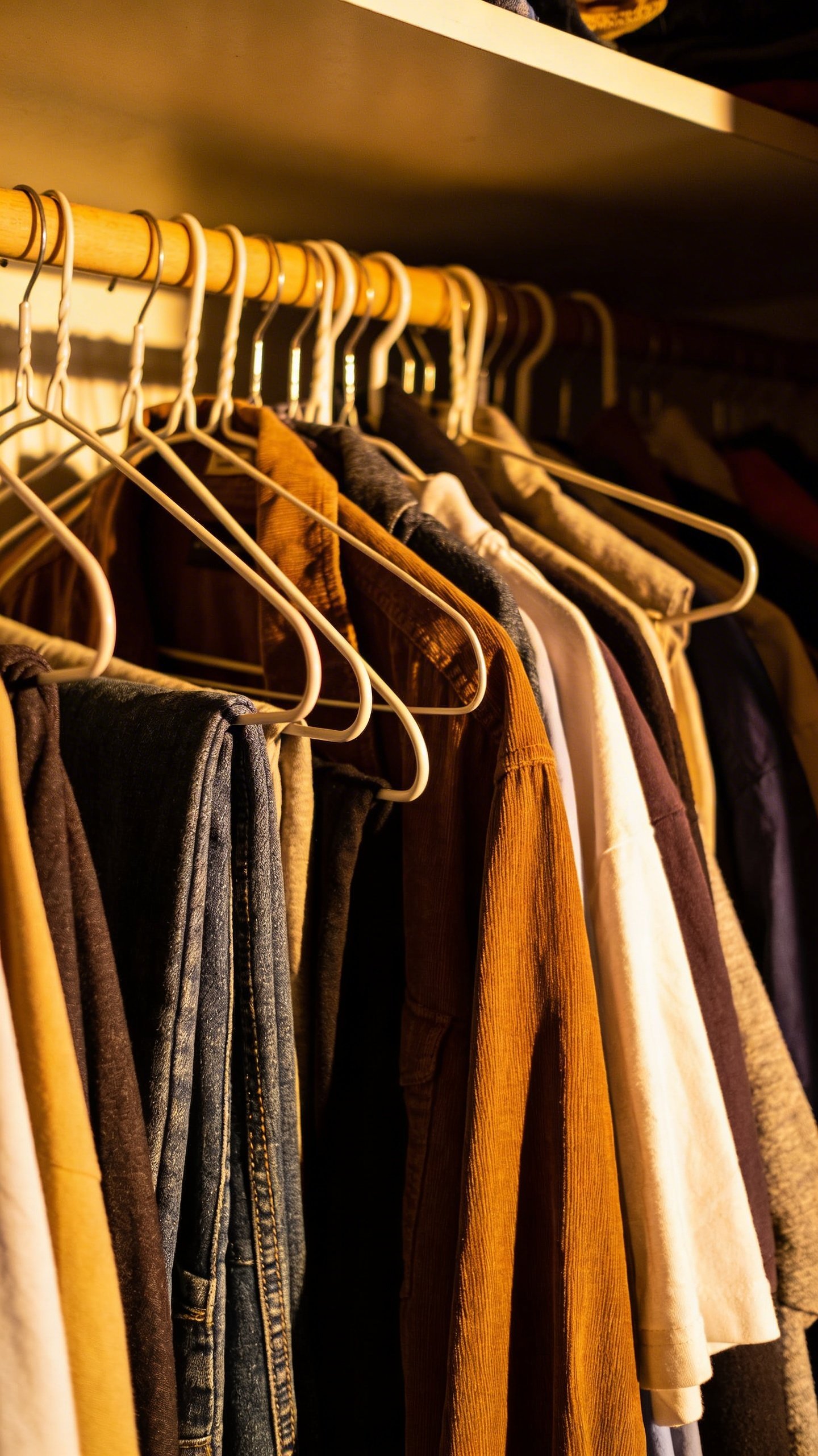 Overstuffed closet with clothes hanging messily on rod