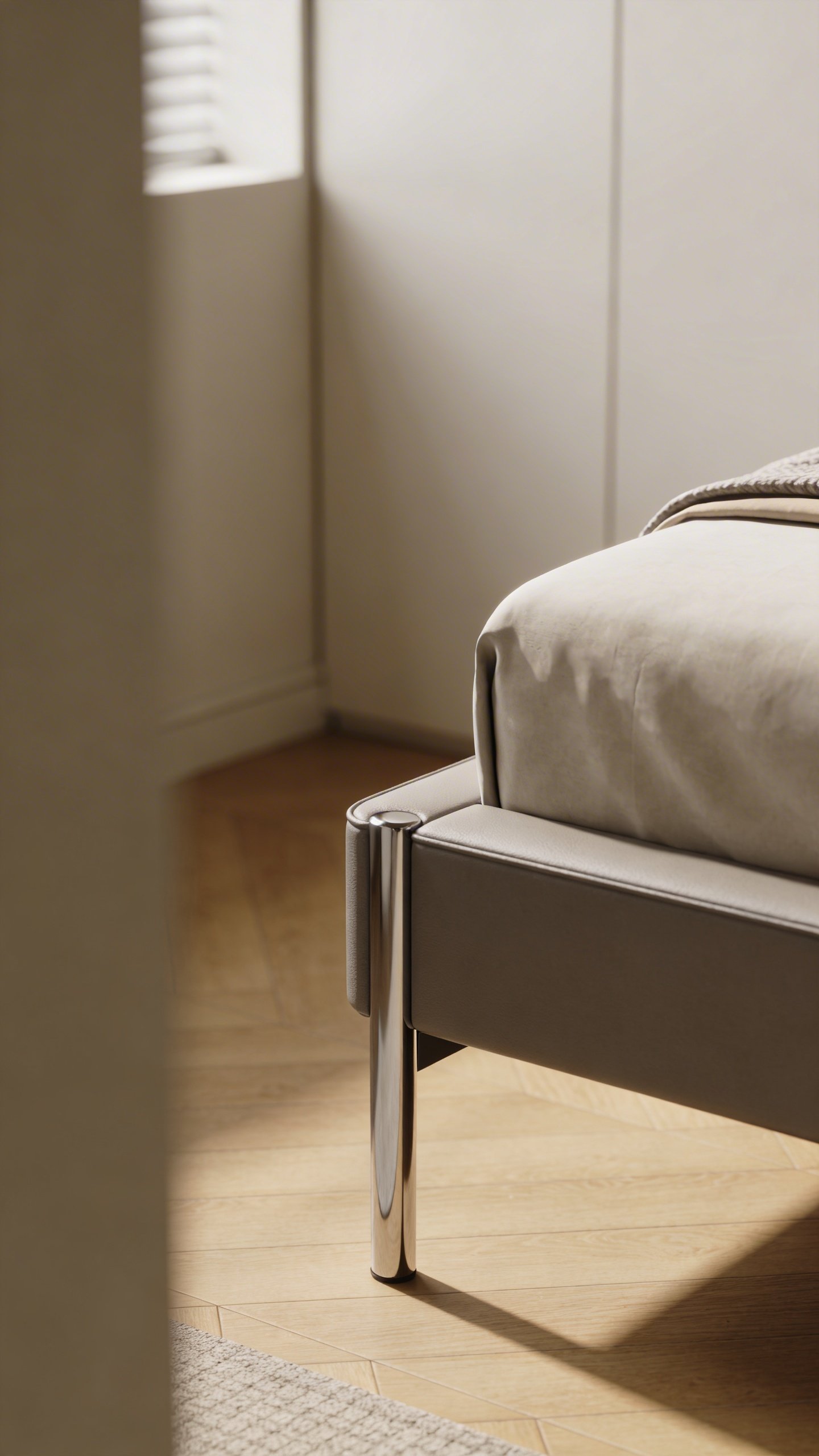 Closeup of modern bed frame in small bedroom corner
