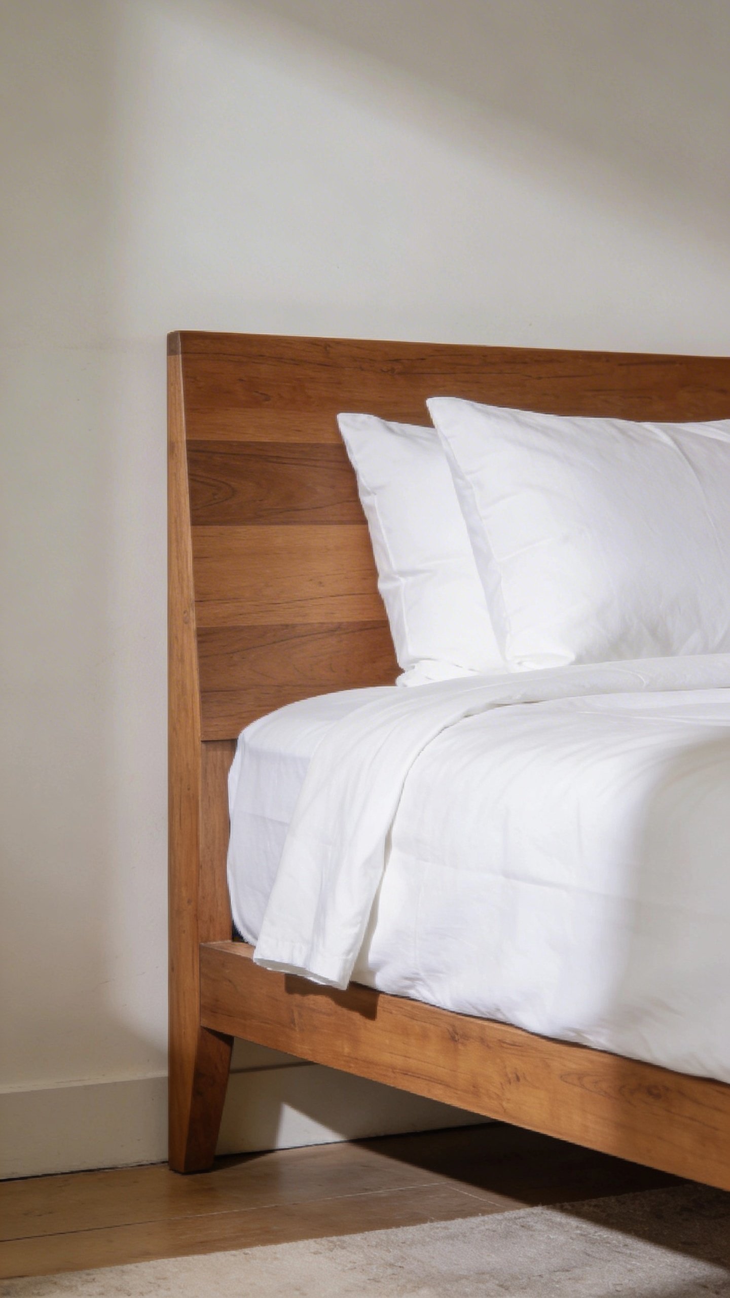 Minimalist wooden bed with white linens, centered shot