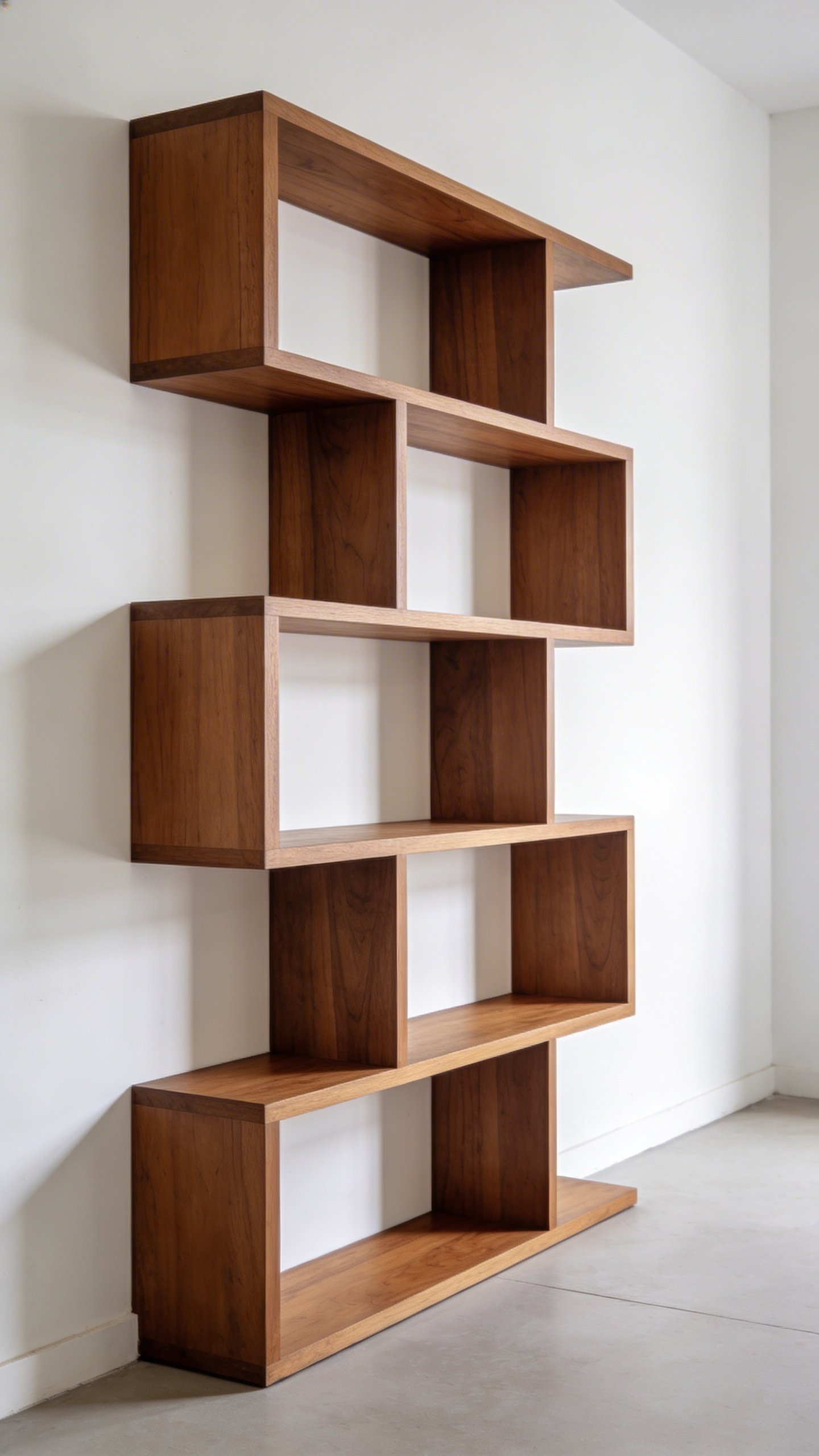 Modern vertical wooden bookshelf against white wall