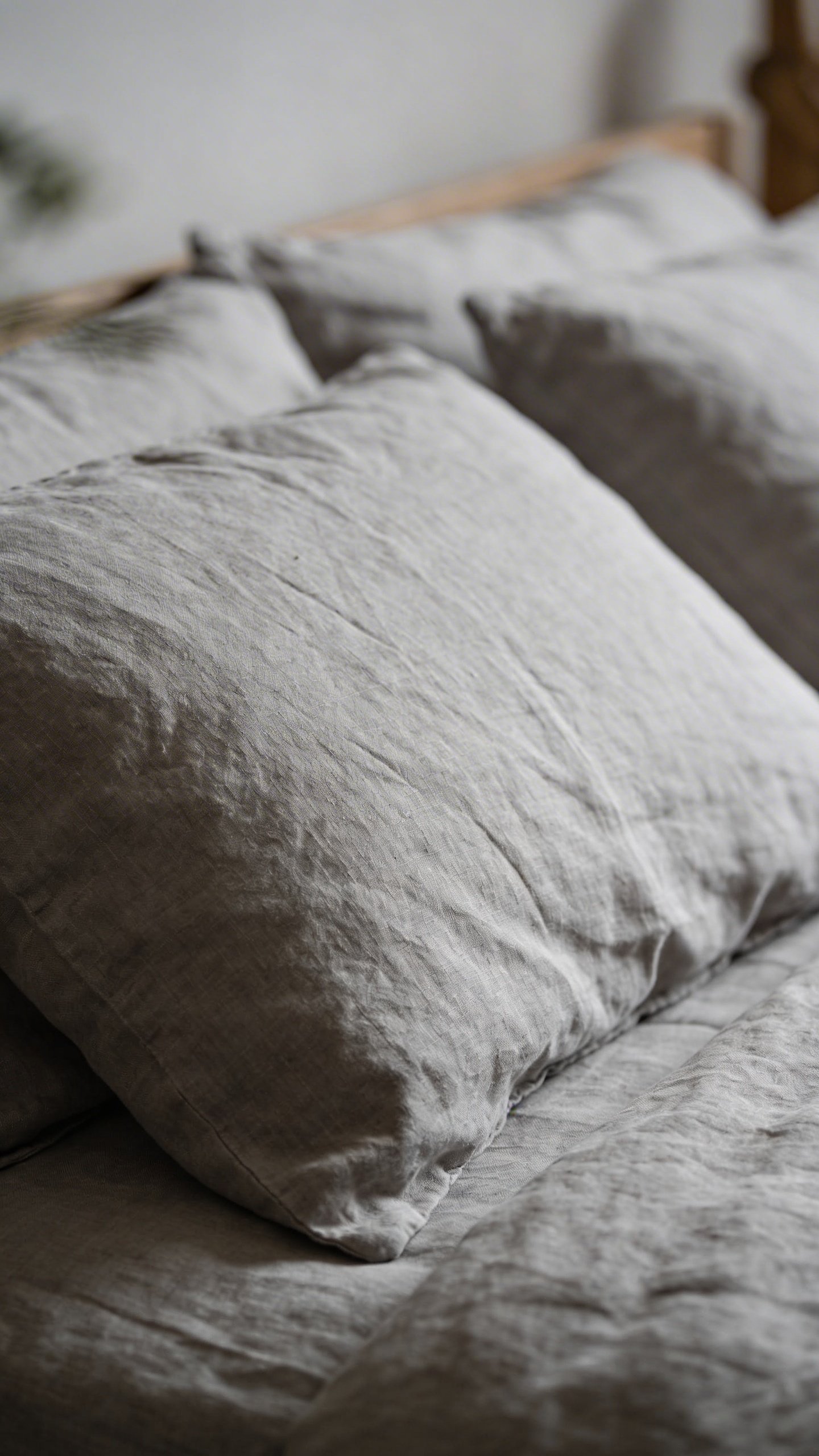 Closeup of soft gray linen bedding with pillows