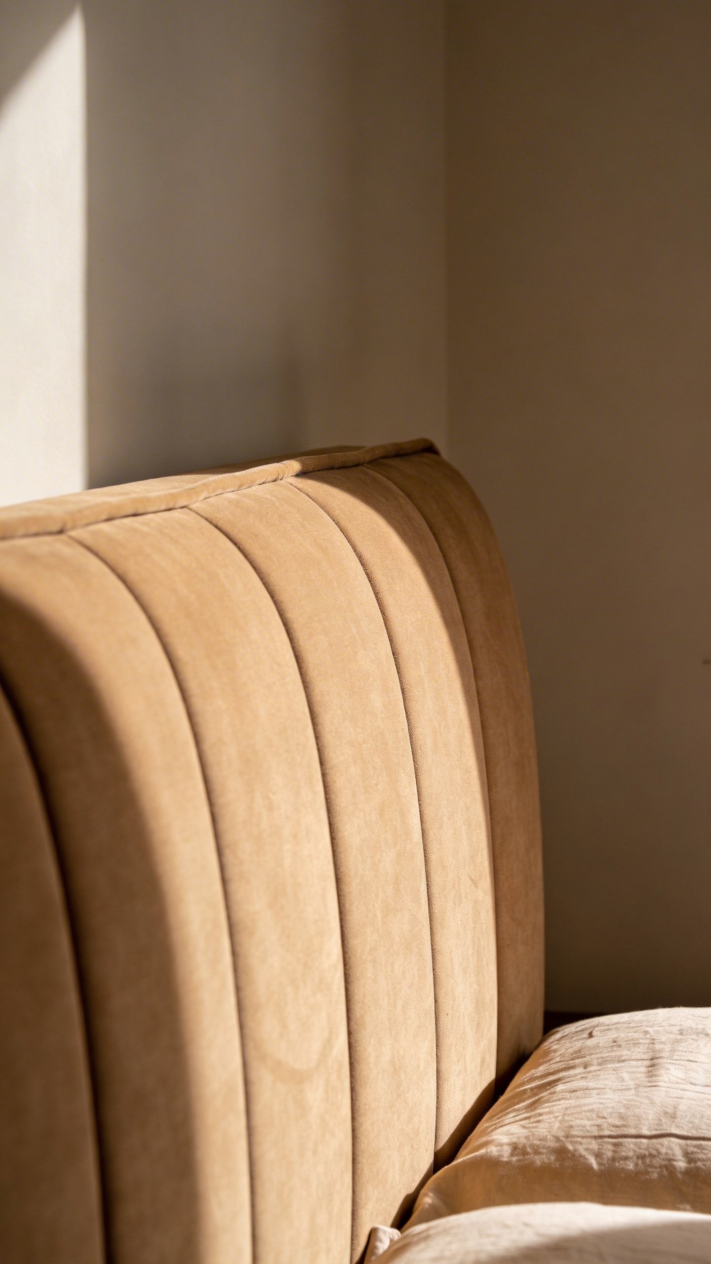 Warm beige upholstered headboard against neutral wall