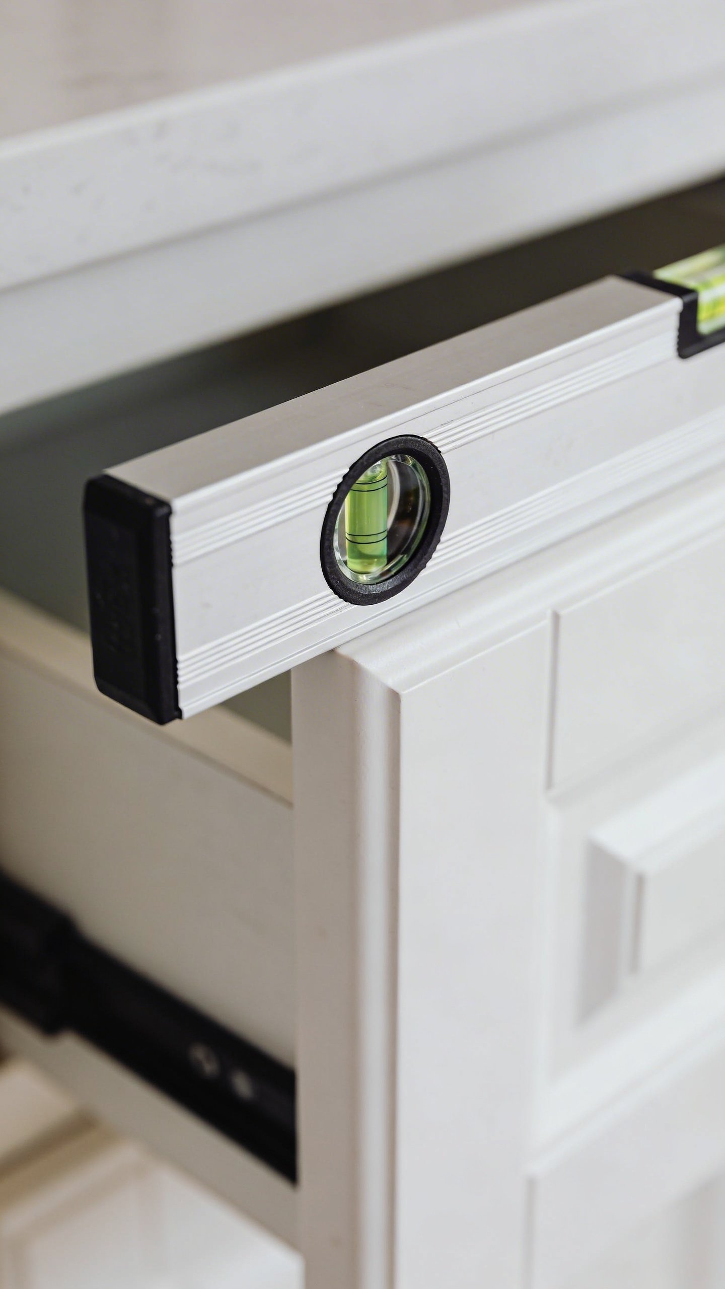 Closeup of long bubble level on white kitchen cabinet