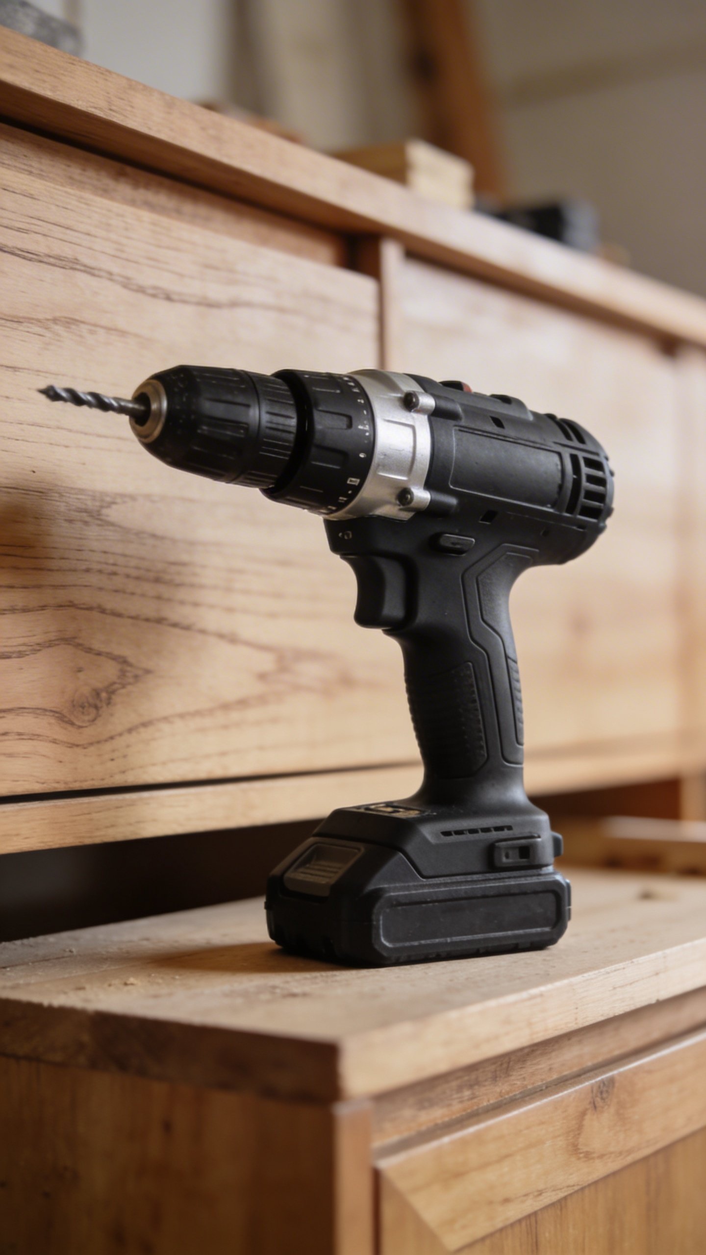 Professional cordless drill on wooden cabinet surface