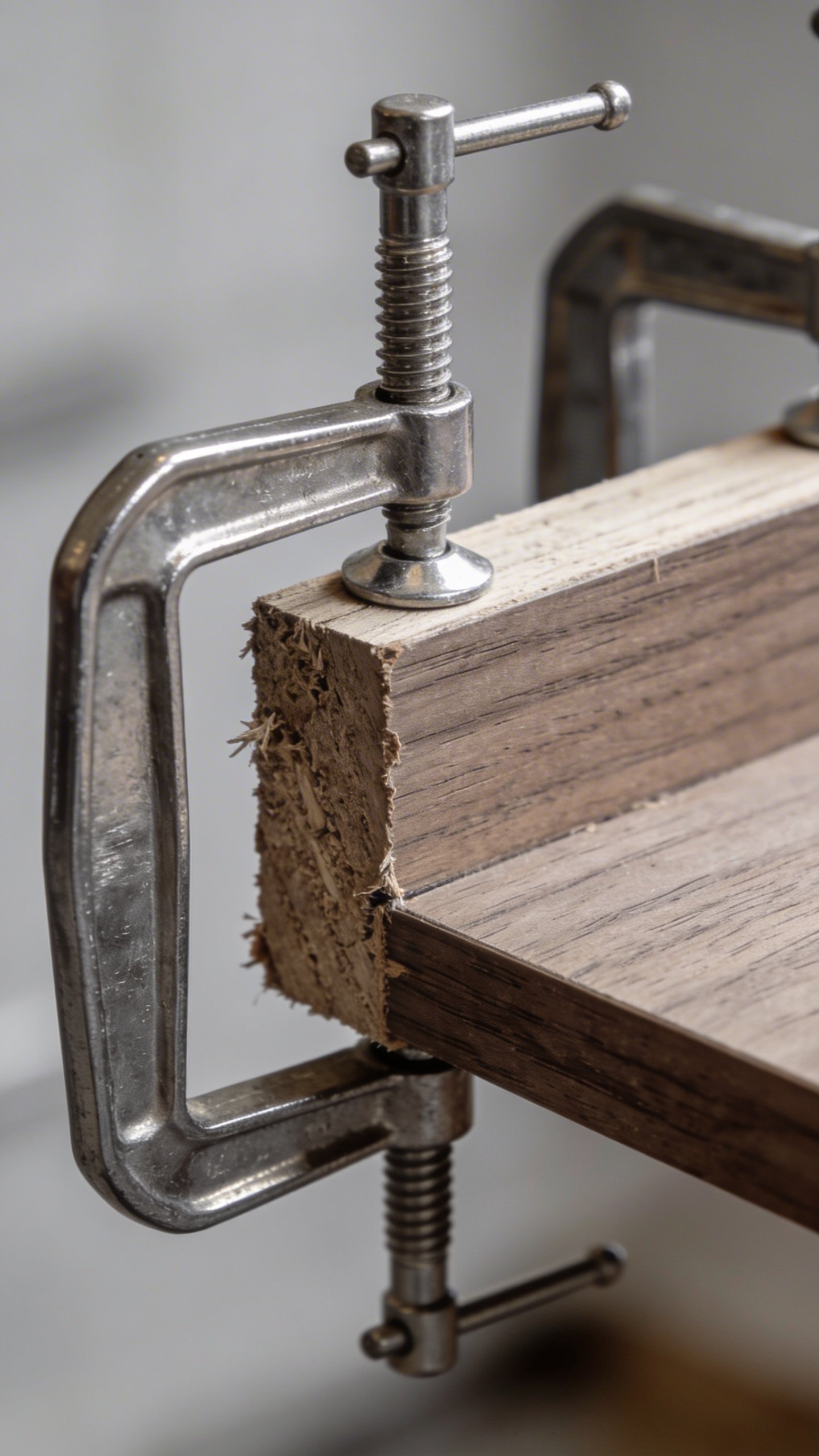 Metal cabinet clamps securing unfinished wood panel