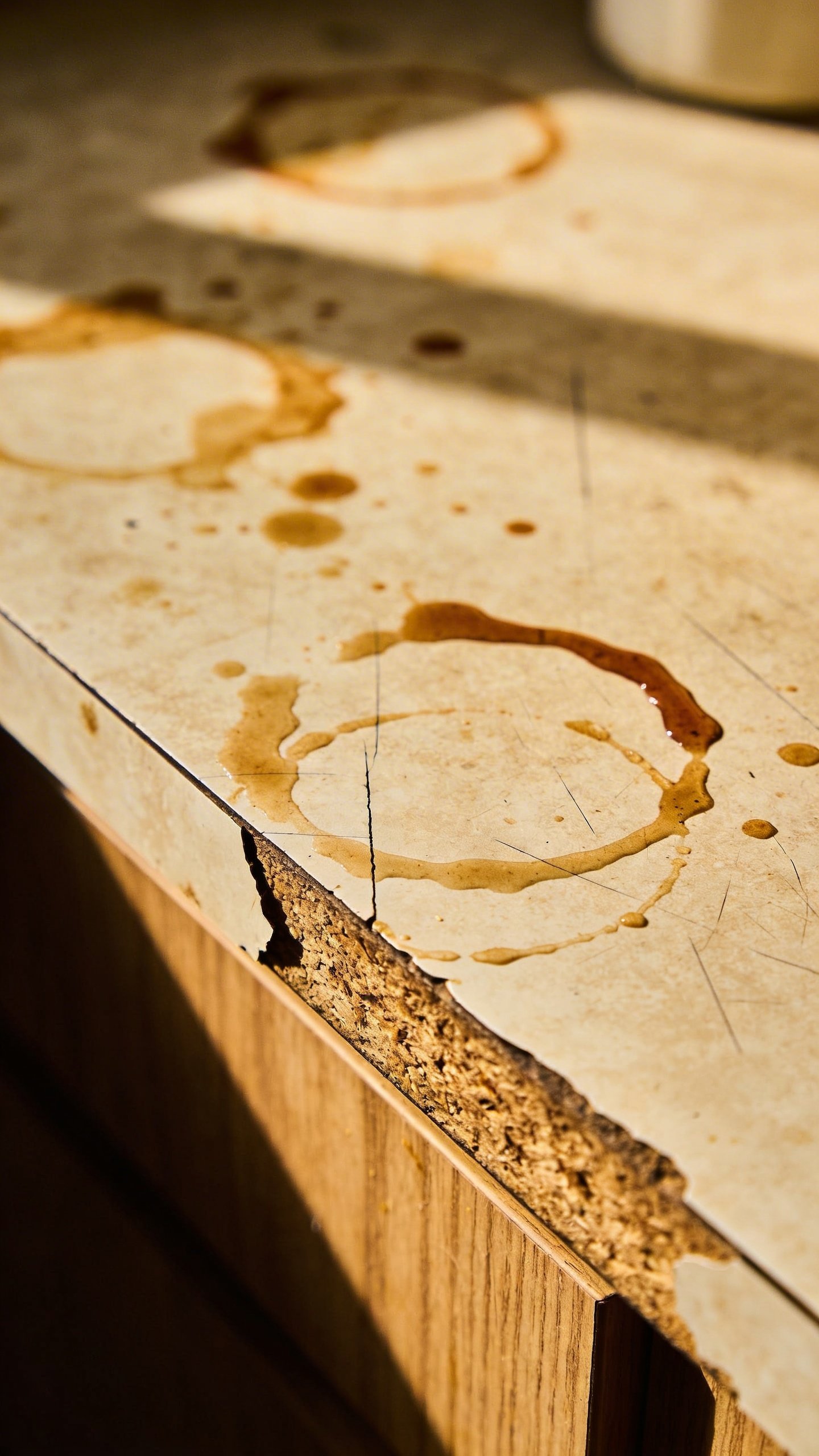 Closeup of worn laminate kitchen countertop with coffee stains