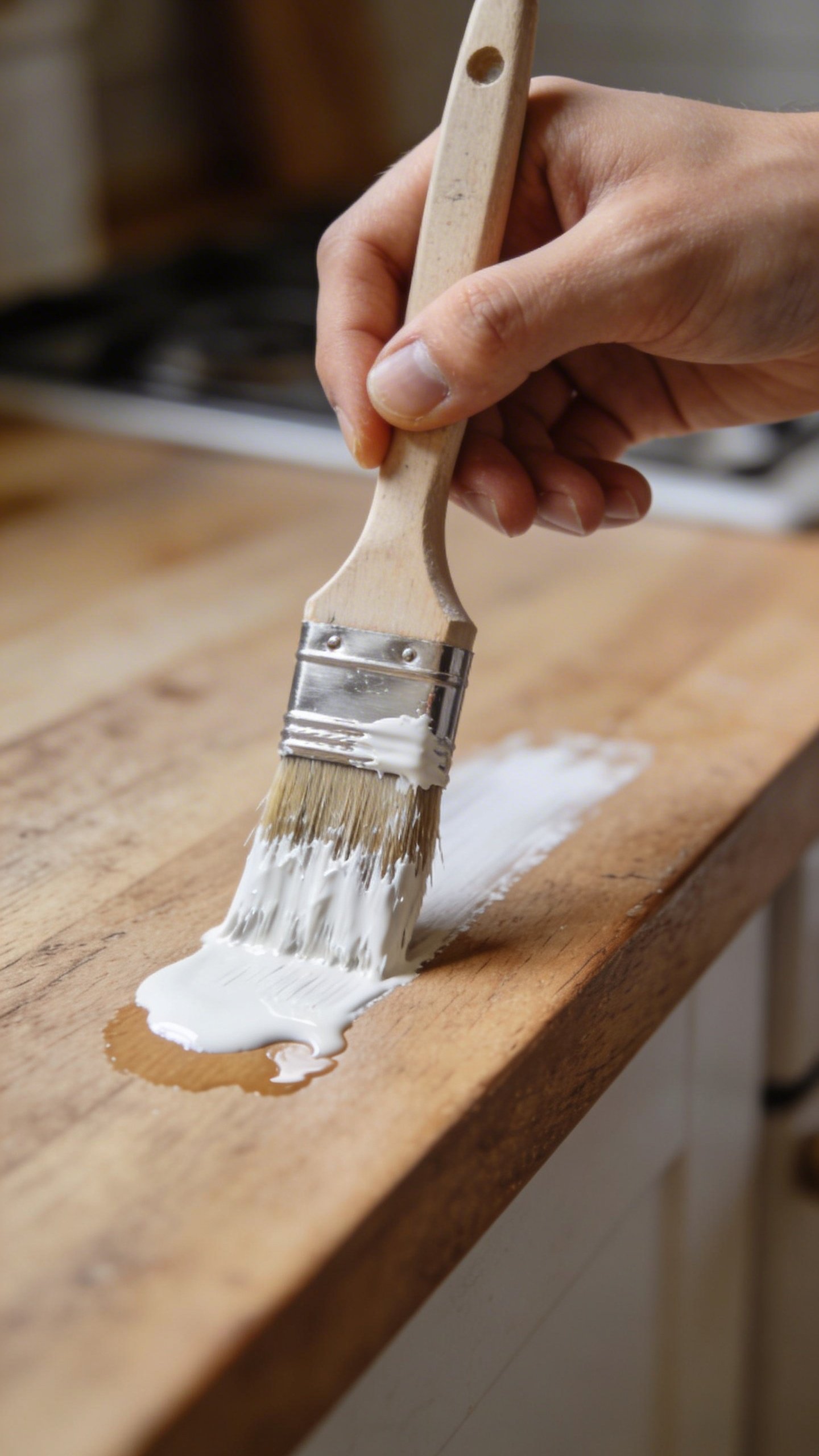 Hand holding paintbrush applying white paint to countertop