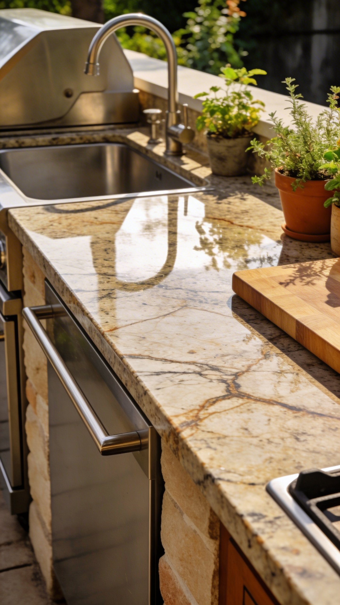 Outdoor kitchen granite countertop prep area detail