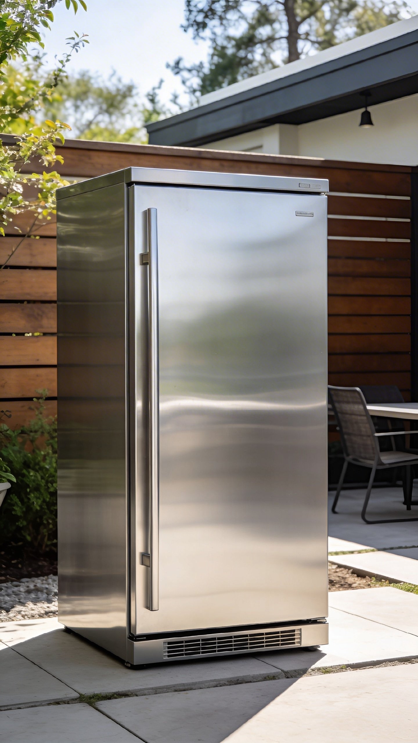 Modern outdoor refrigerator with stainless steel door