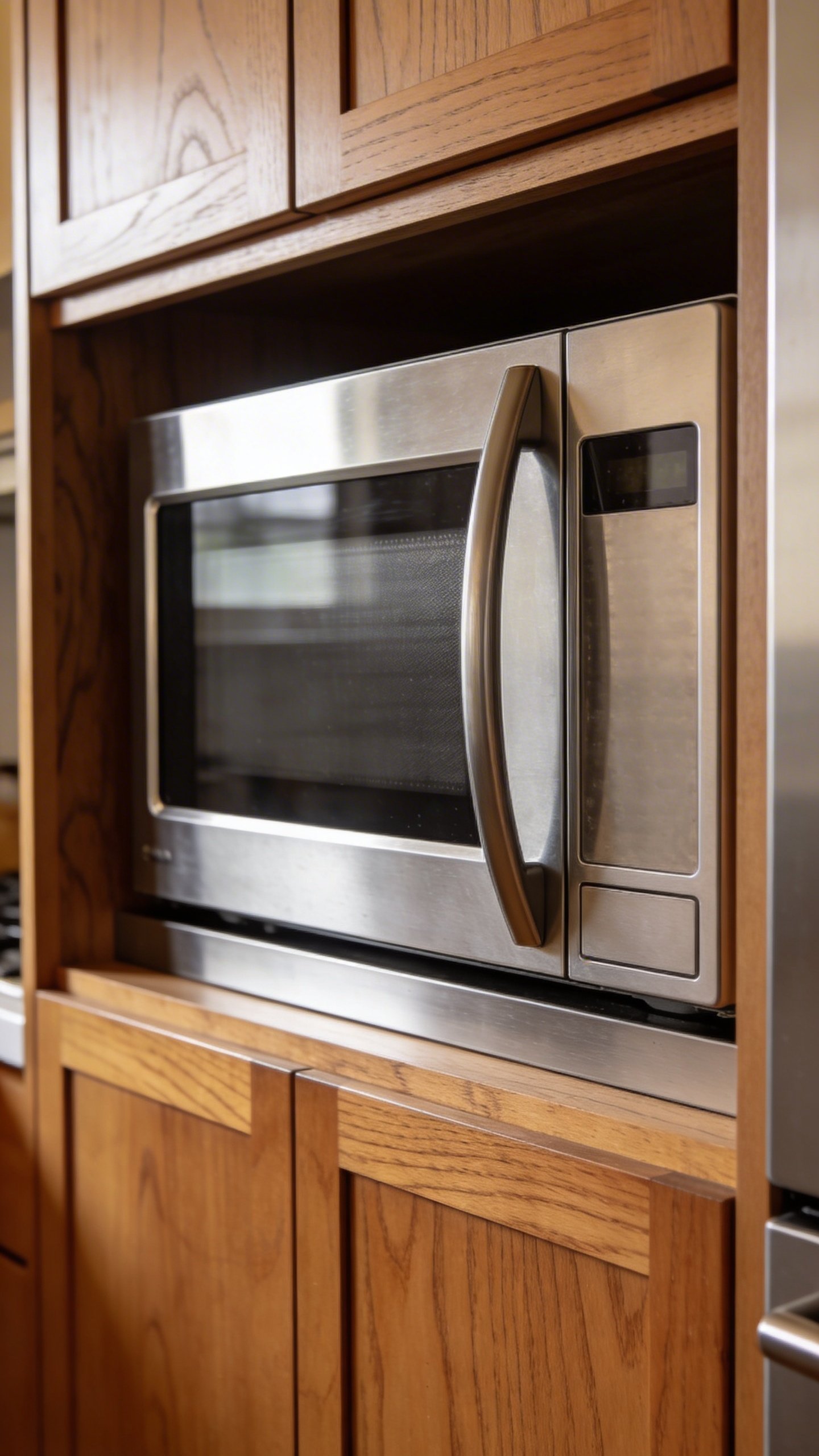 Sleek stainless steel microwave tucked inside wooden cabinet