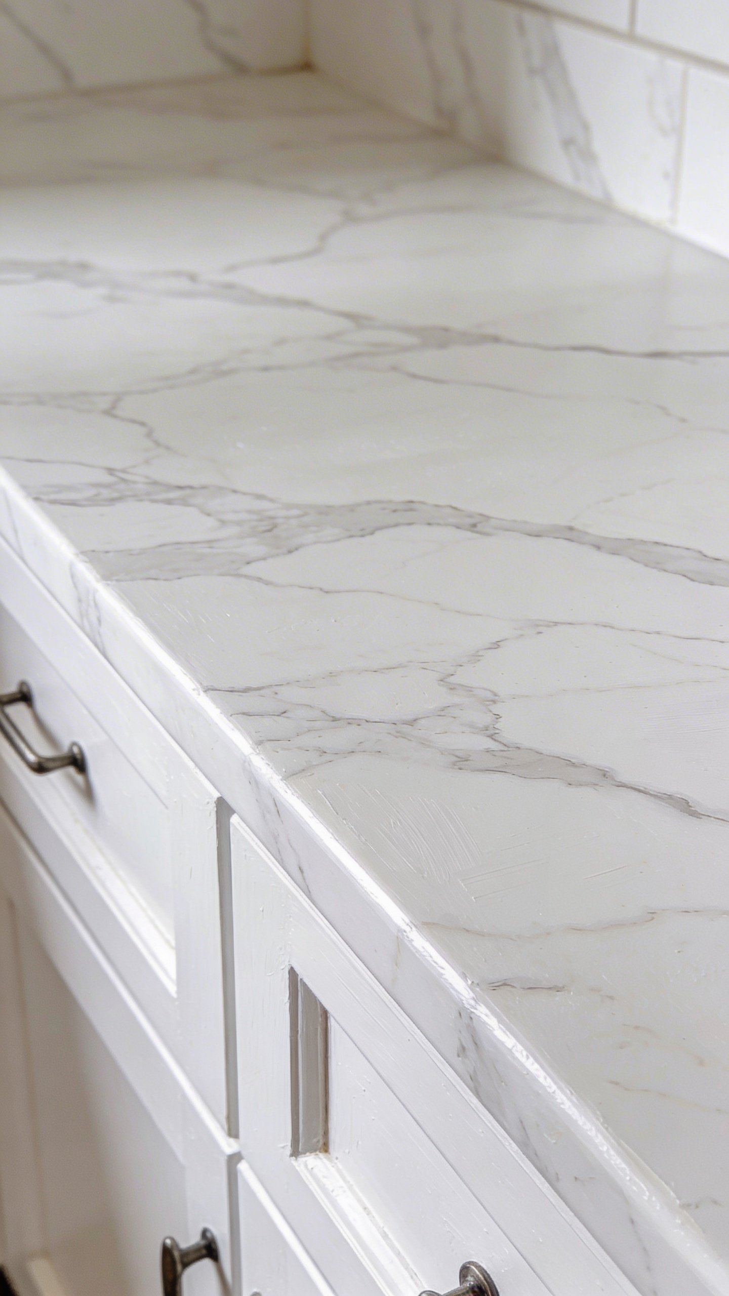 Closeup of painted white marble-look kitchen countertop
