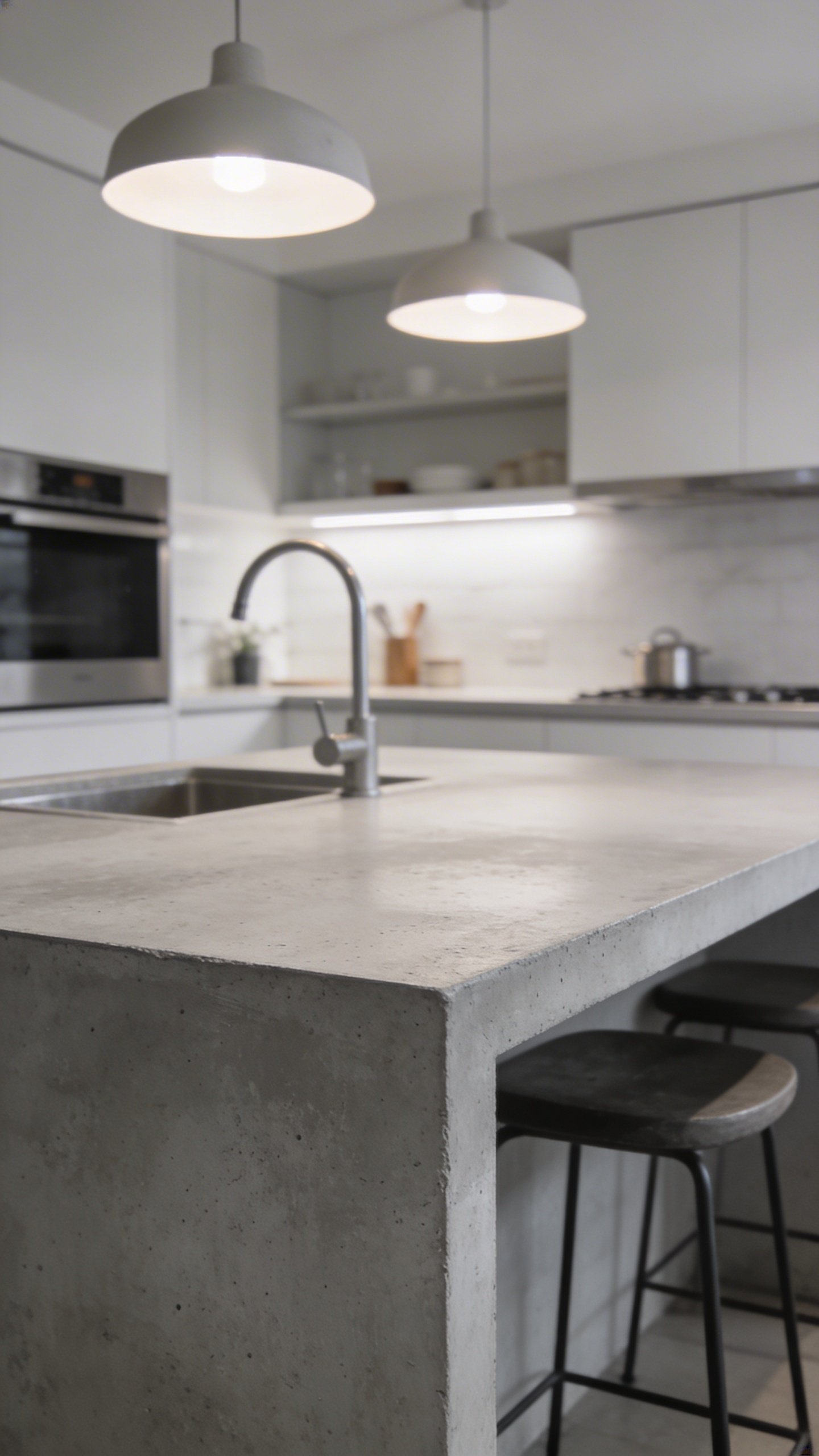 Modern kitchen counter with fresh painted concrete-style finish
