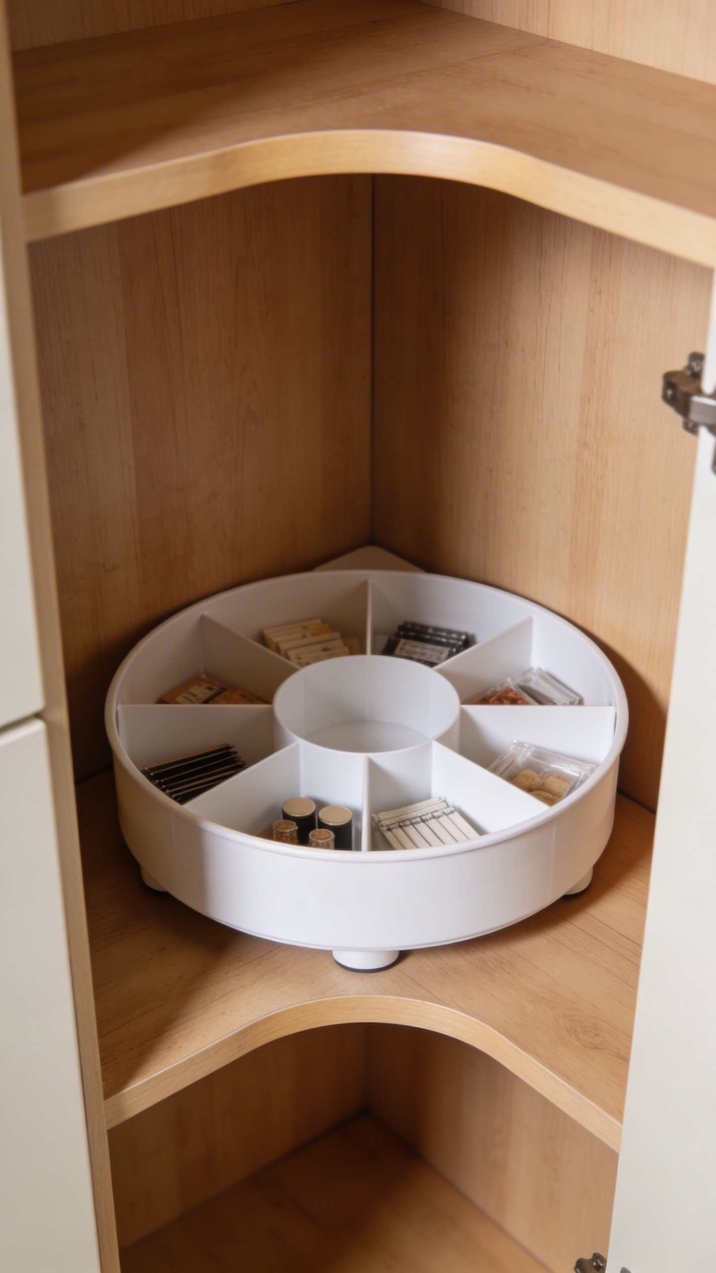 White lazy susan turntable organizer in corner cabinet