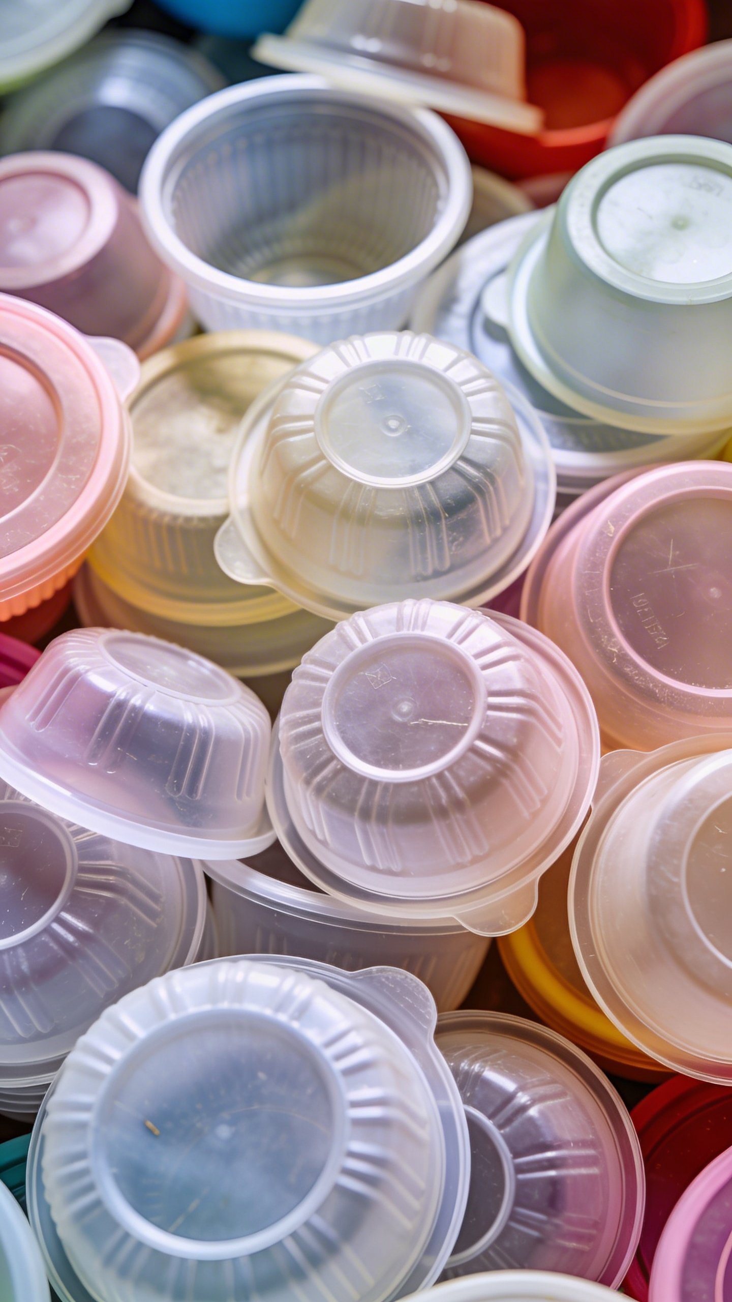 Closeup of chaotic mismatched plastic Tupperware container lids