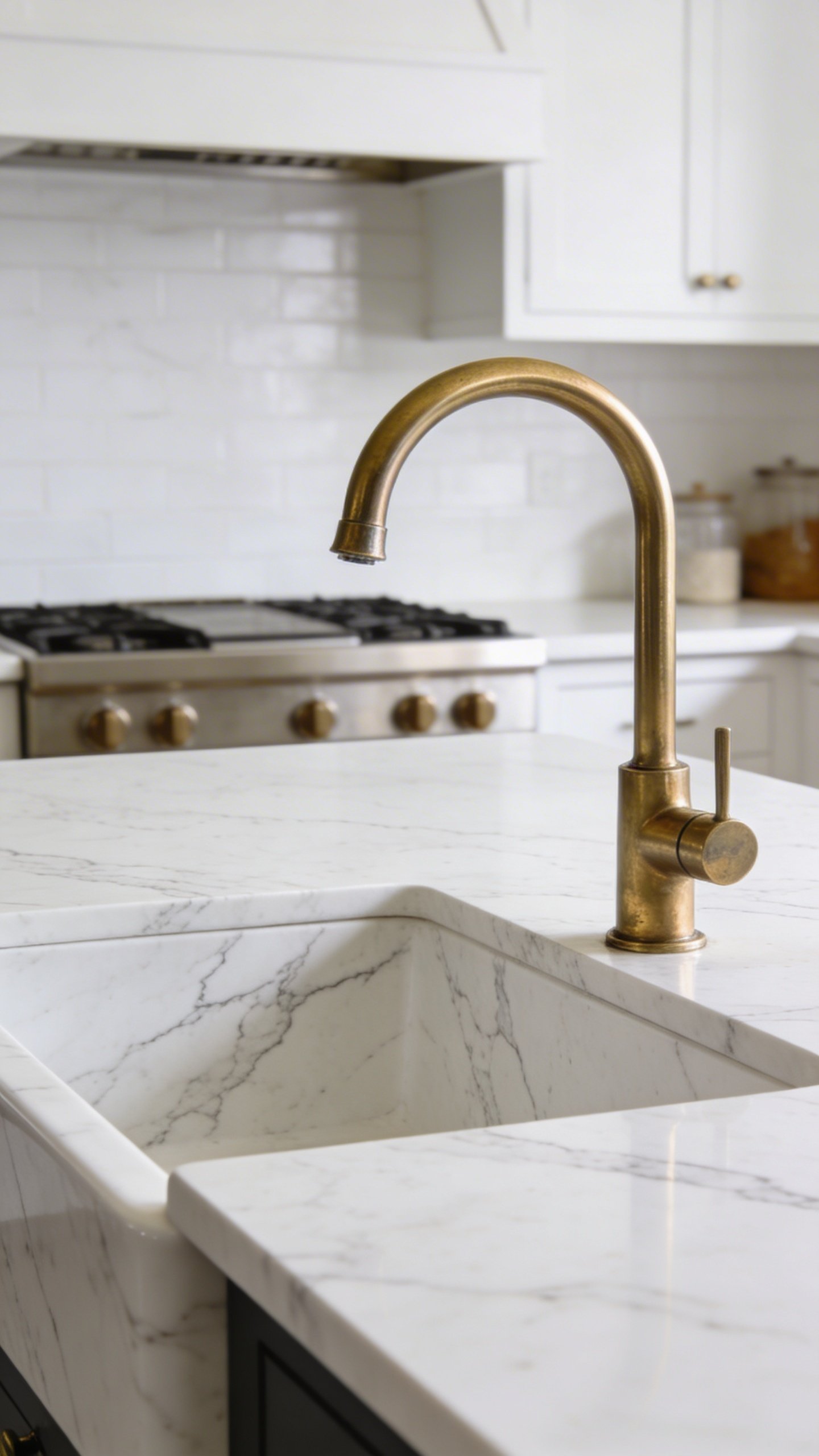Clean white marble kitchen island with brass faucet