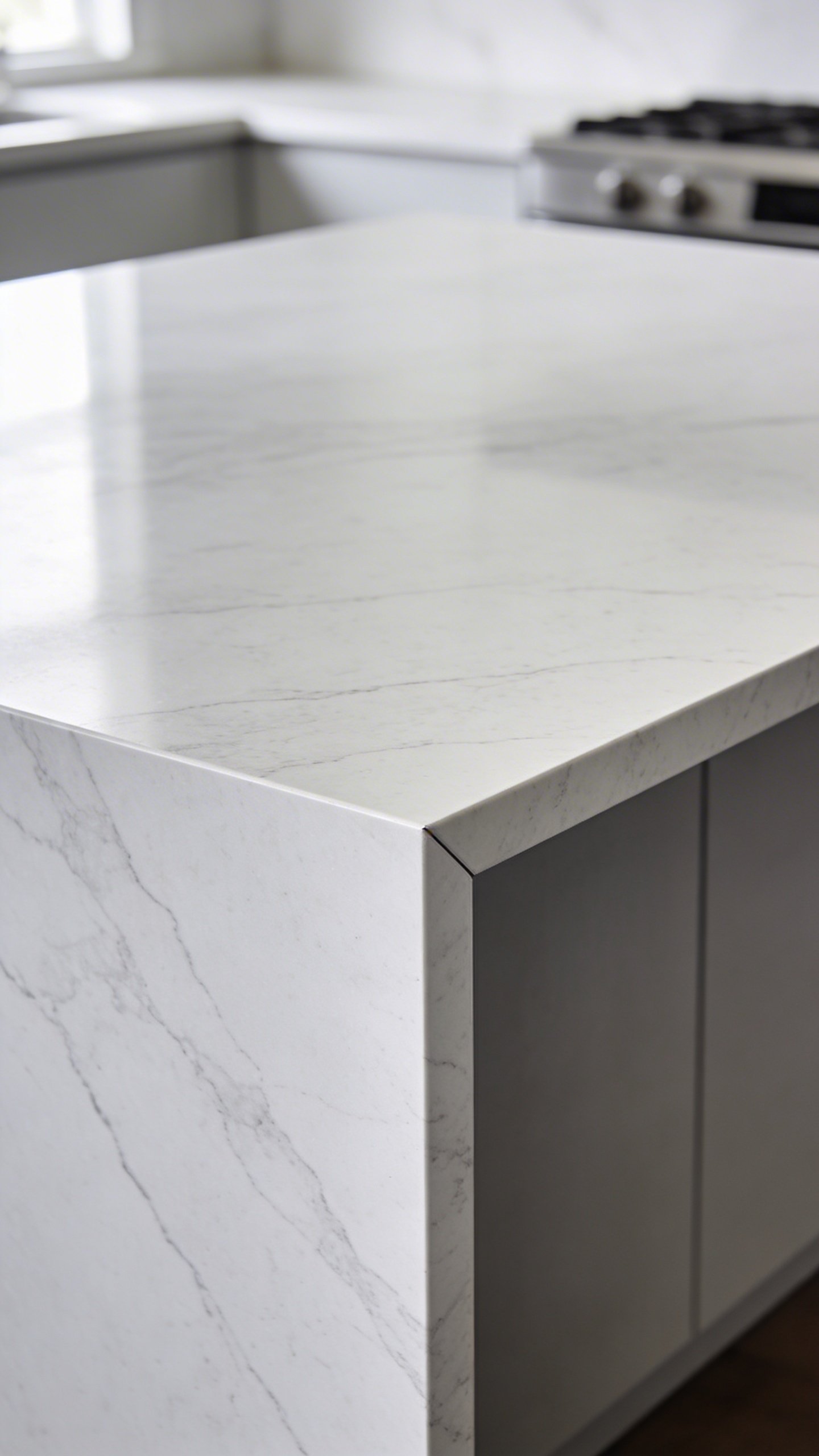 Pristine quartz kitchen island countertop closeup view