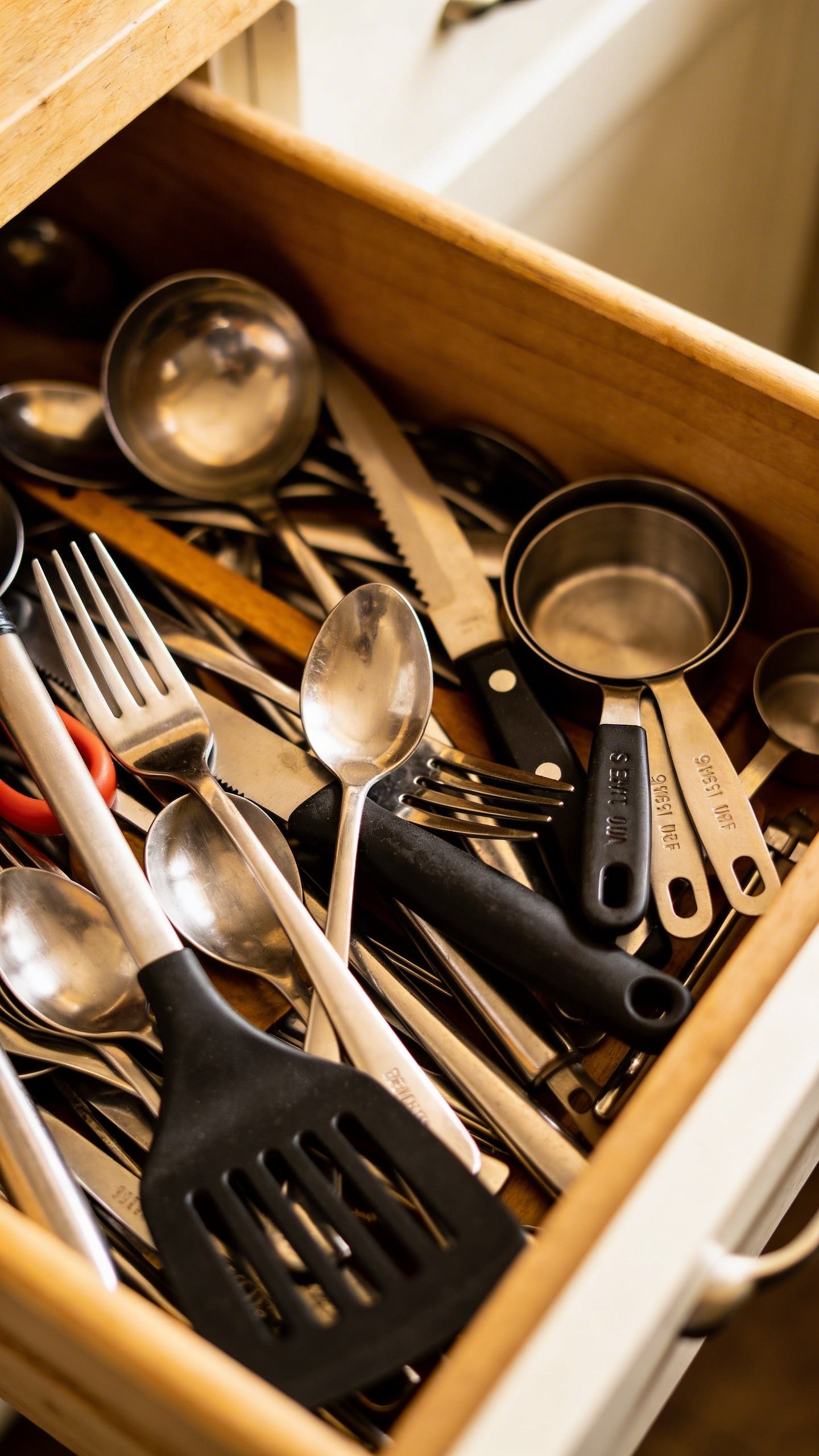 Cluttered kitchen drawer overflowing with mixed utensils