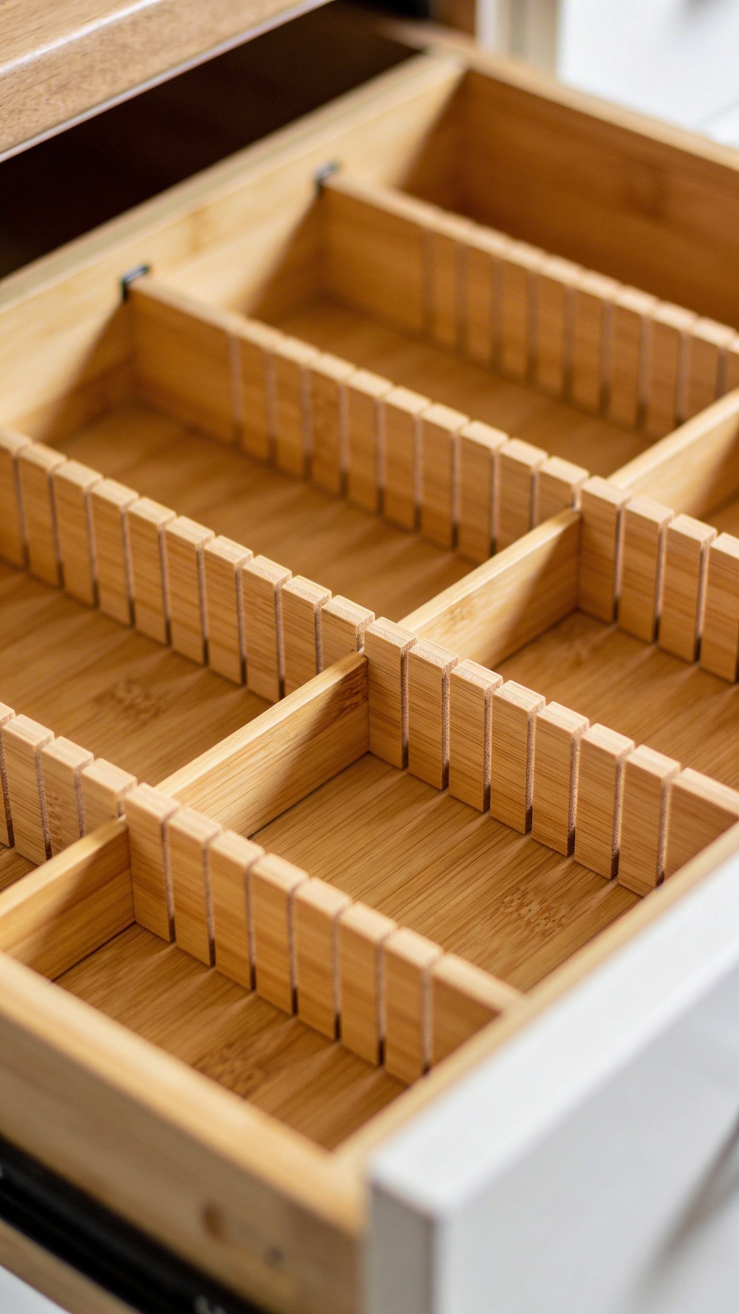 Empty organized kitchen drawer with bamboo dividers