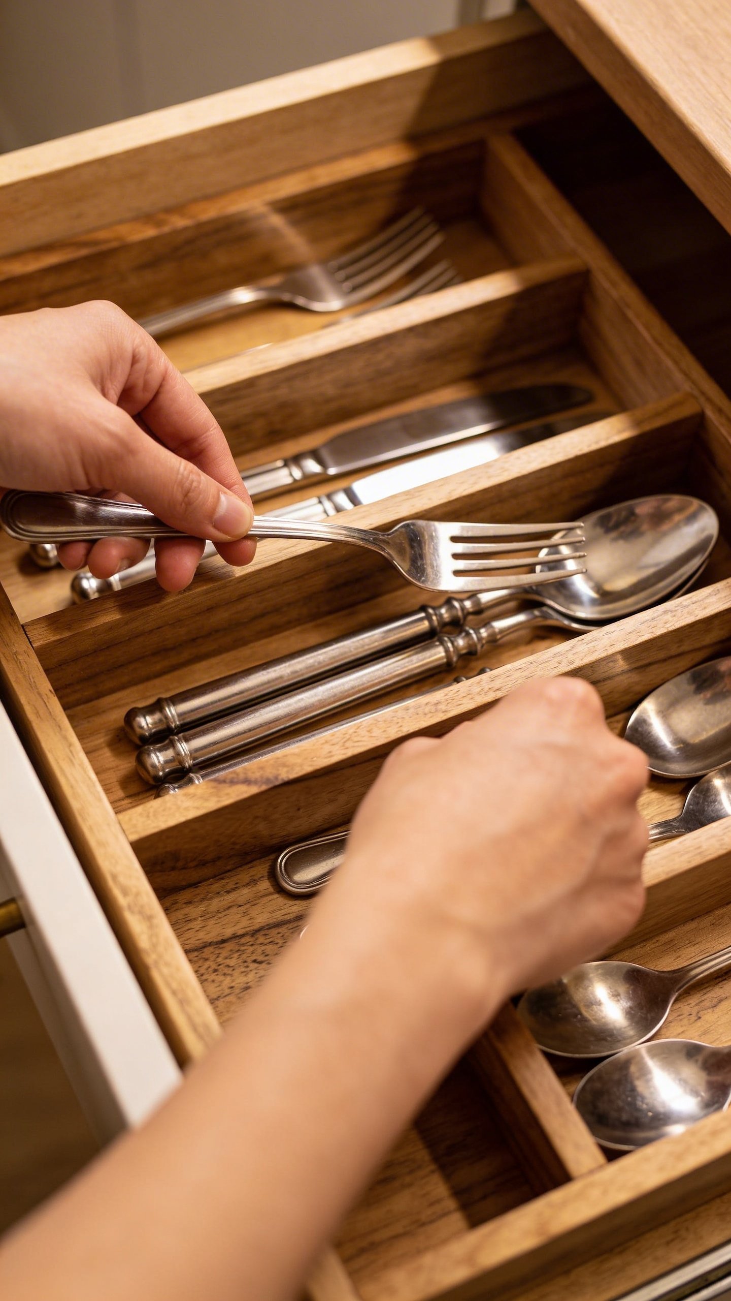 Hands sorting silverware into wooden drawer organizer