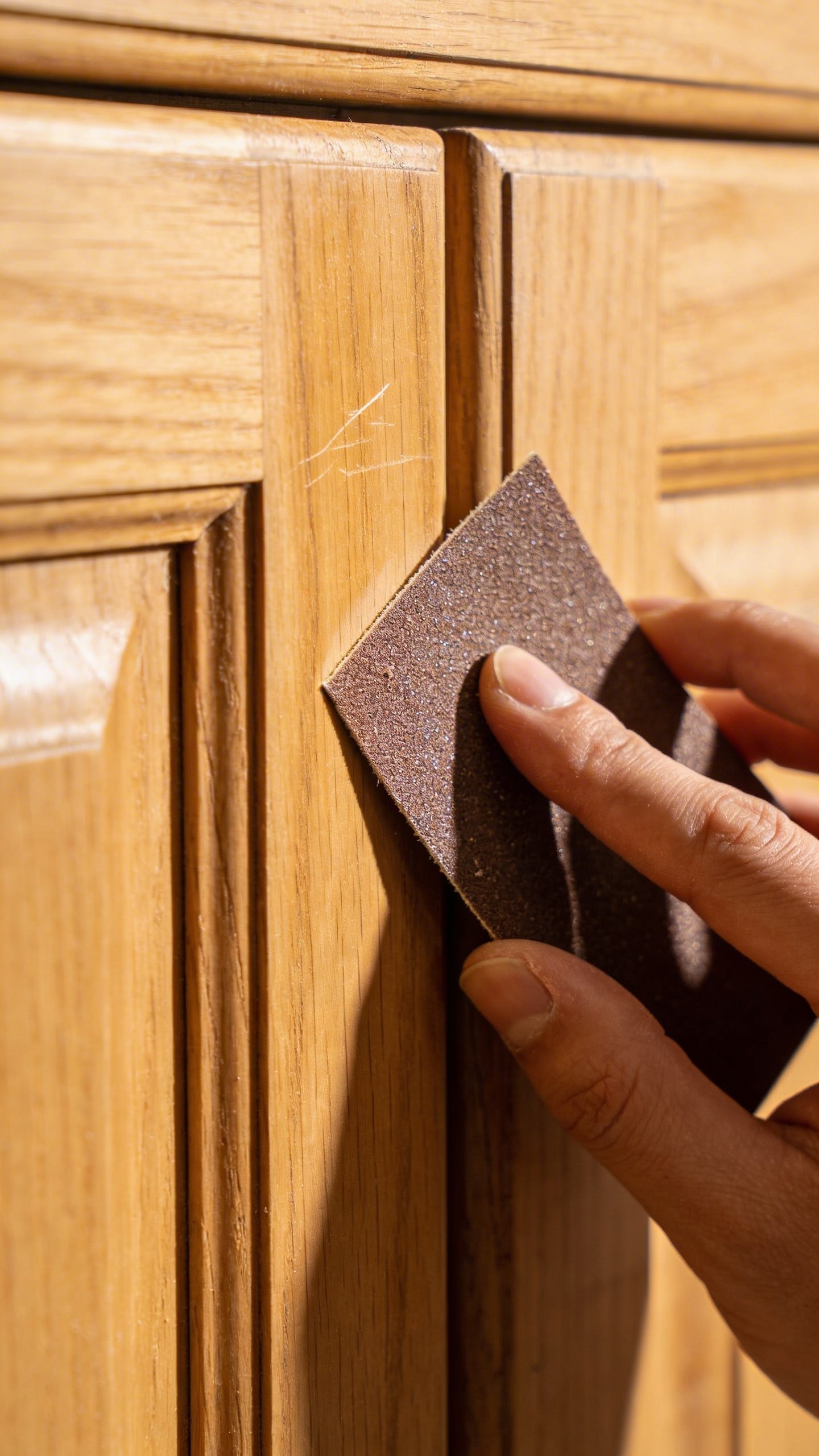 Hand sanding wooden cabinet door with sandpaper closeup