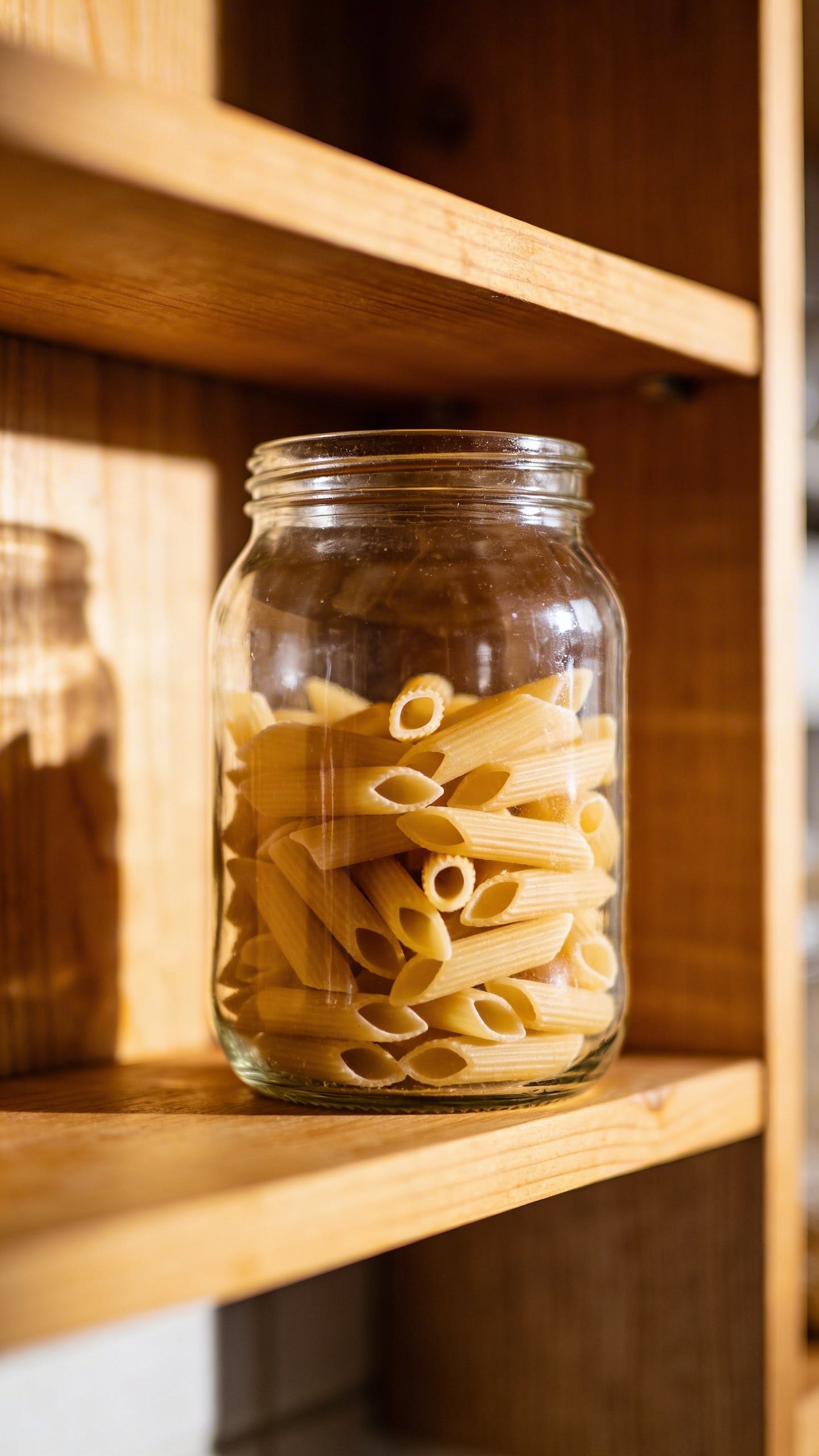 Single glass jar with dry pasta on kitchen shelf