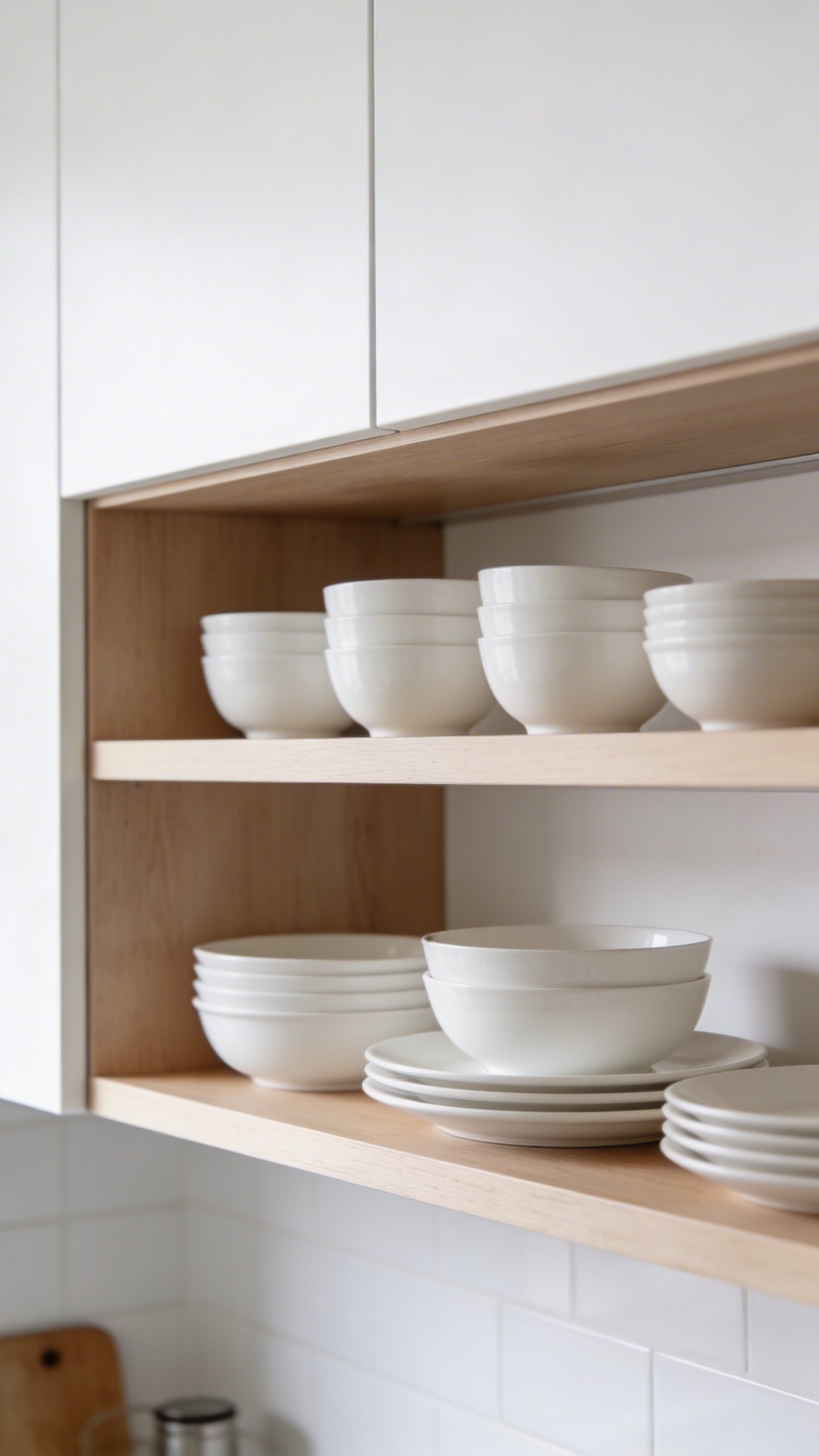 Minimalist open kitchen shelf with matching white dinnerware
