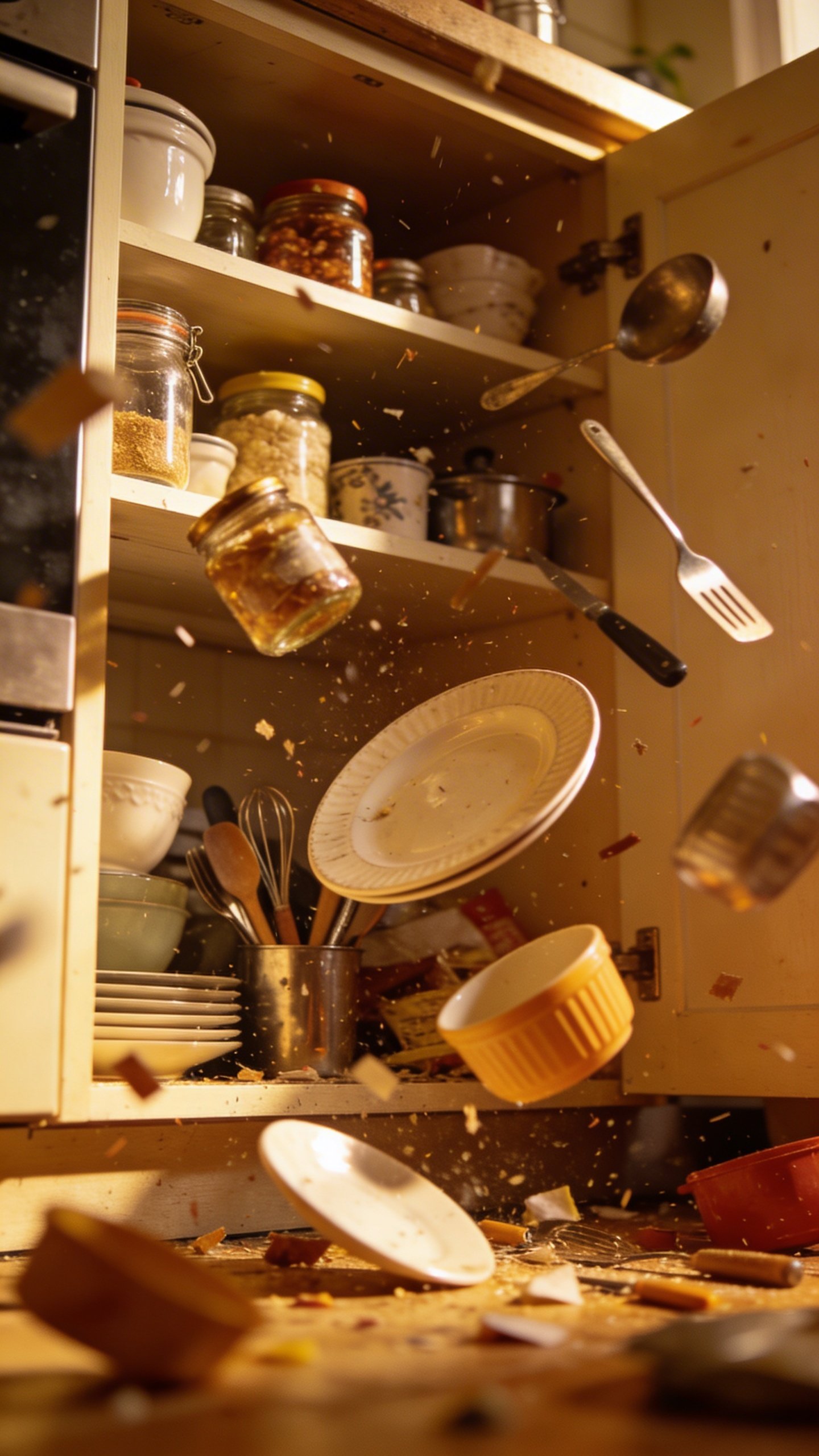 Chaotic open kitchen cupboard with items falling out