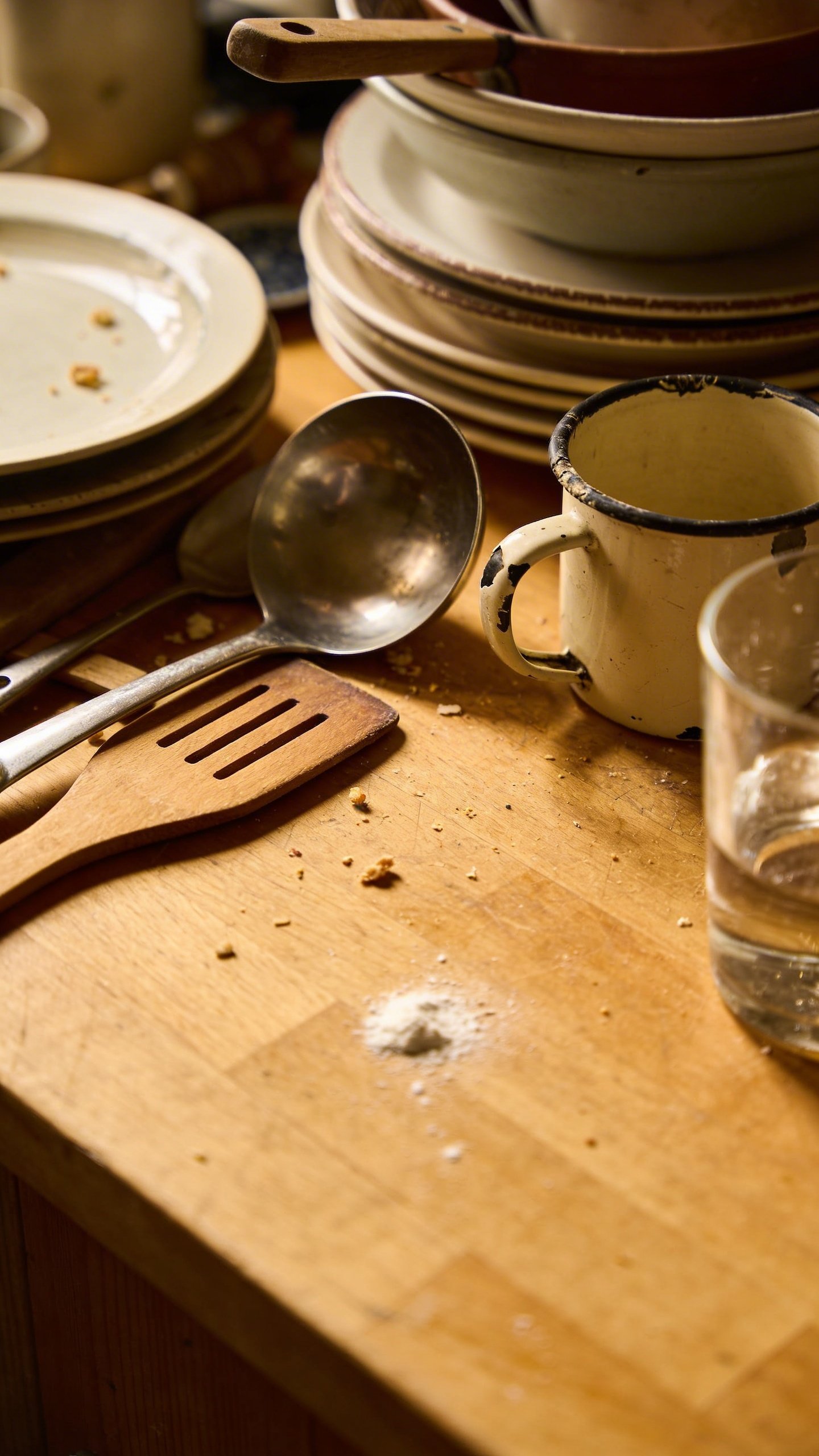Messy kitchen counter covered with scattered kitchenware items