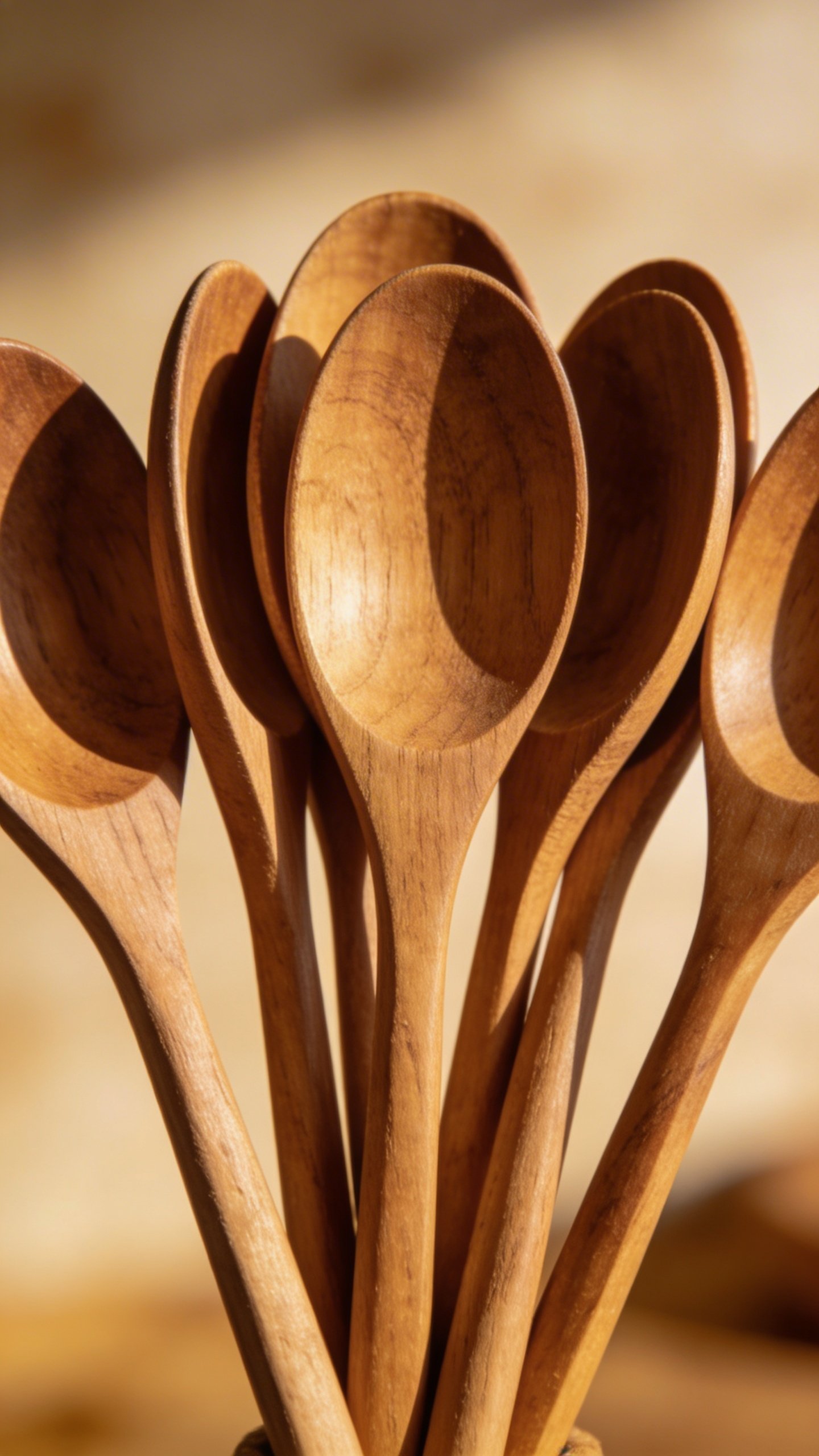 Closeup of seven wooden spoons bunched together
