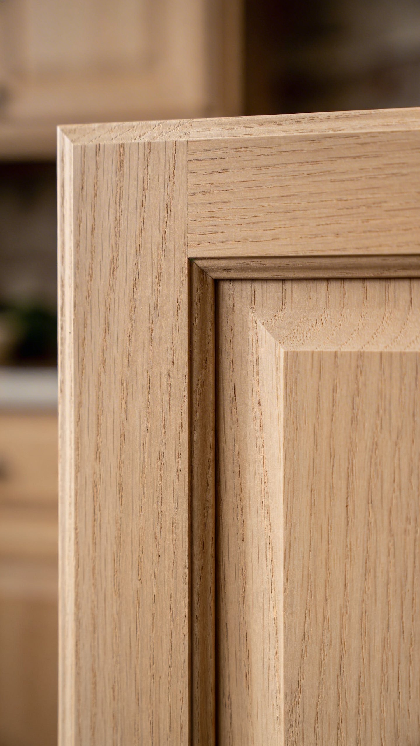 Closeup of unfinished wooden shaker-style cabinet door