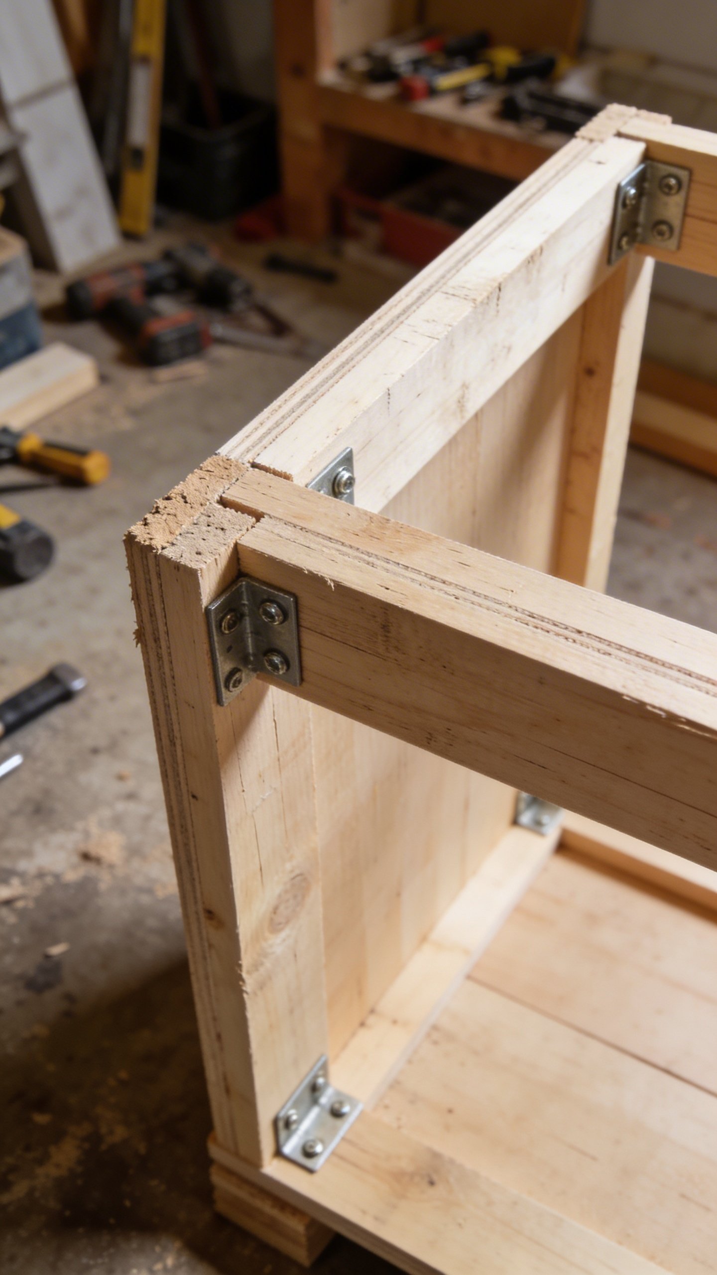 Single base cabinet frame construction in workshop