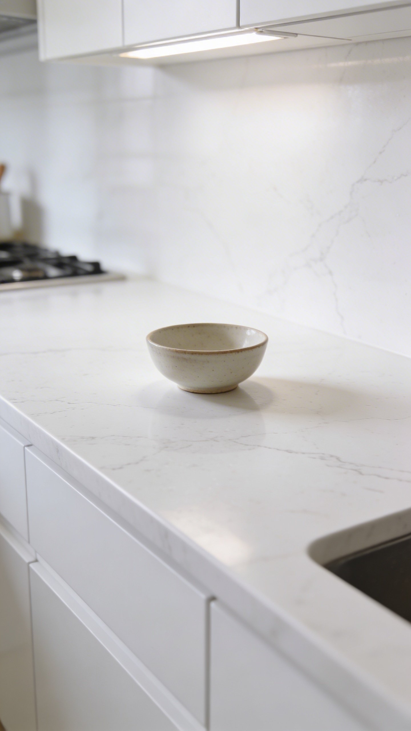 Clean white quartz kitchen countertop with minimal styling