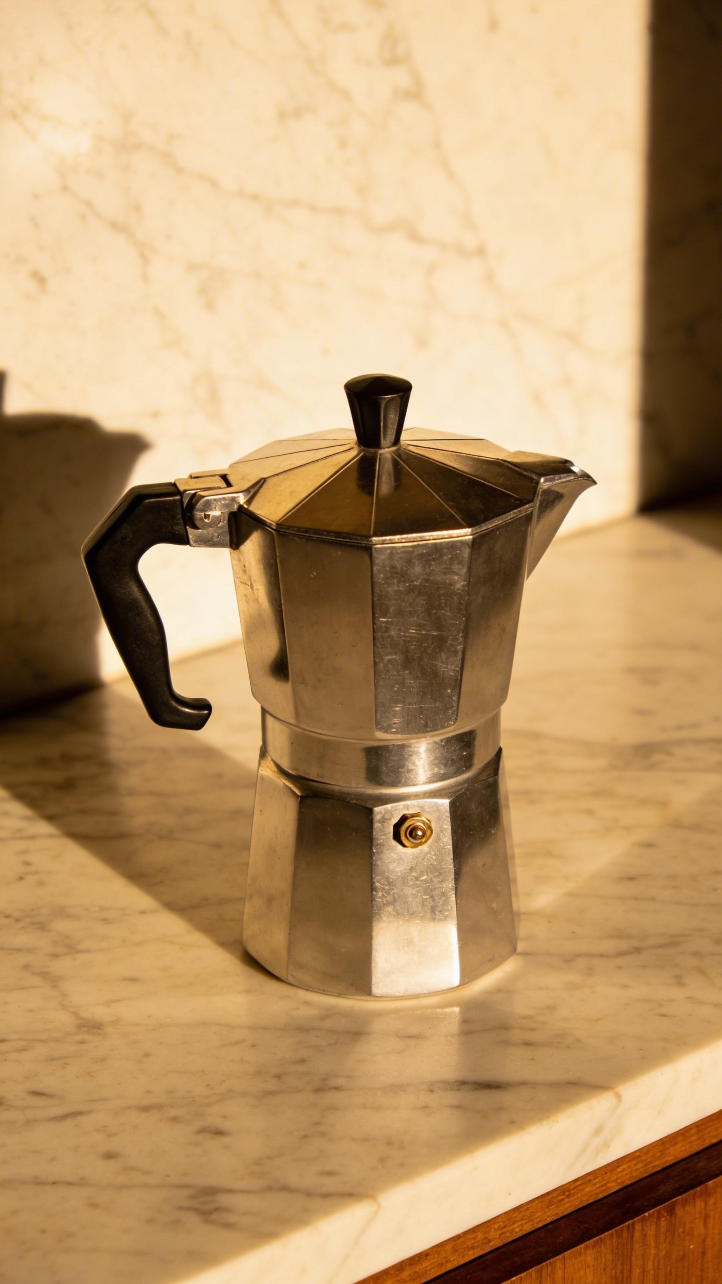Single stainless steel coffee maker on marble counter
