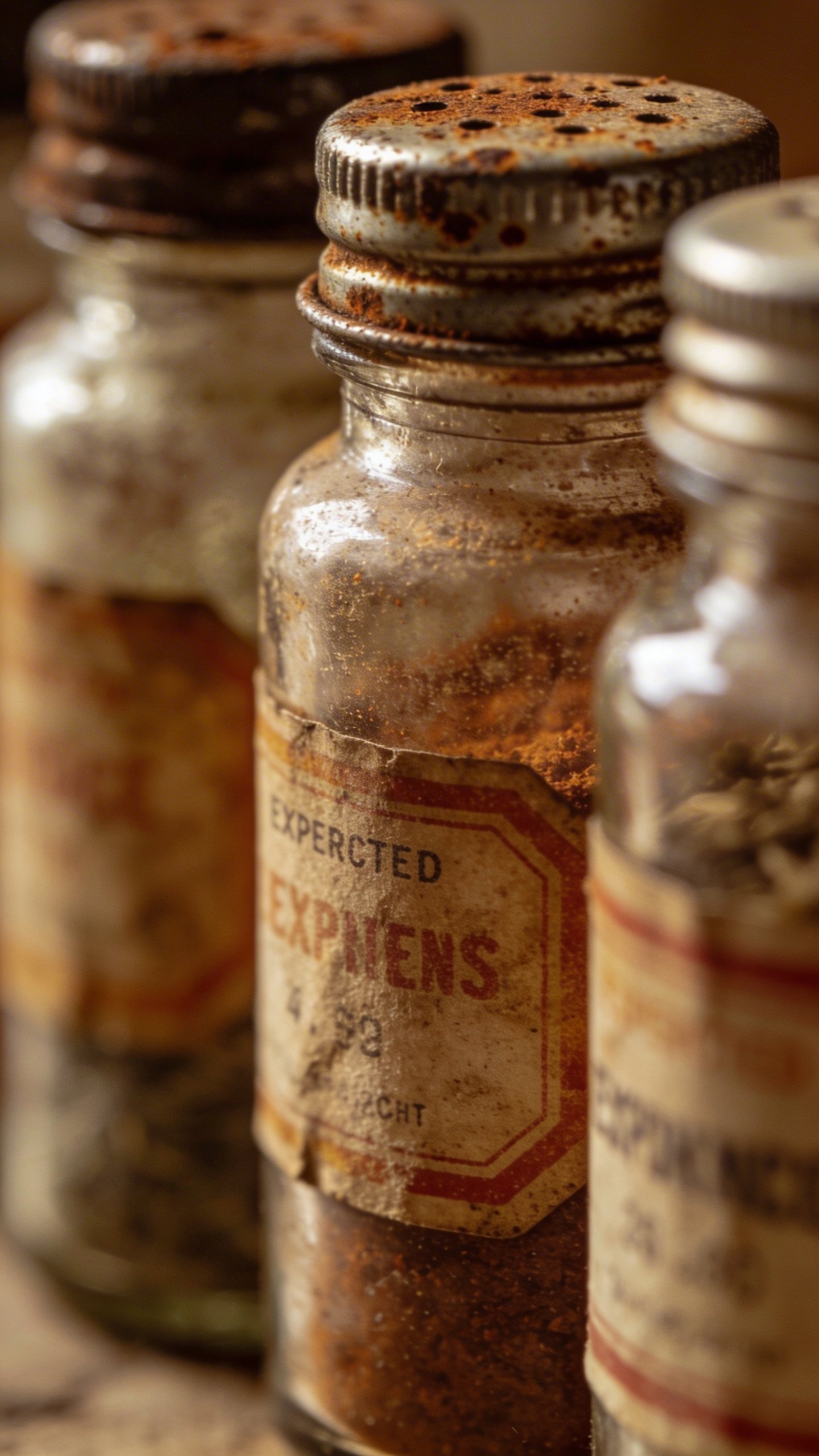 Closeup of expired spice jars with faded labels