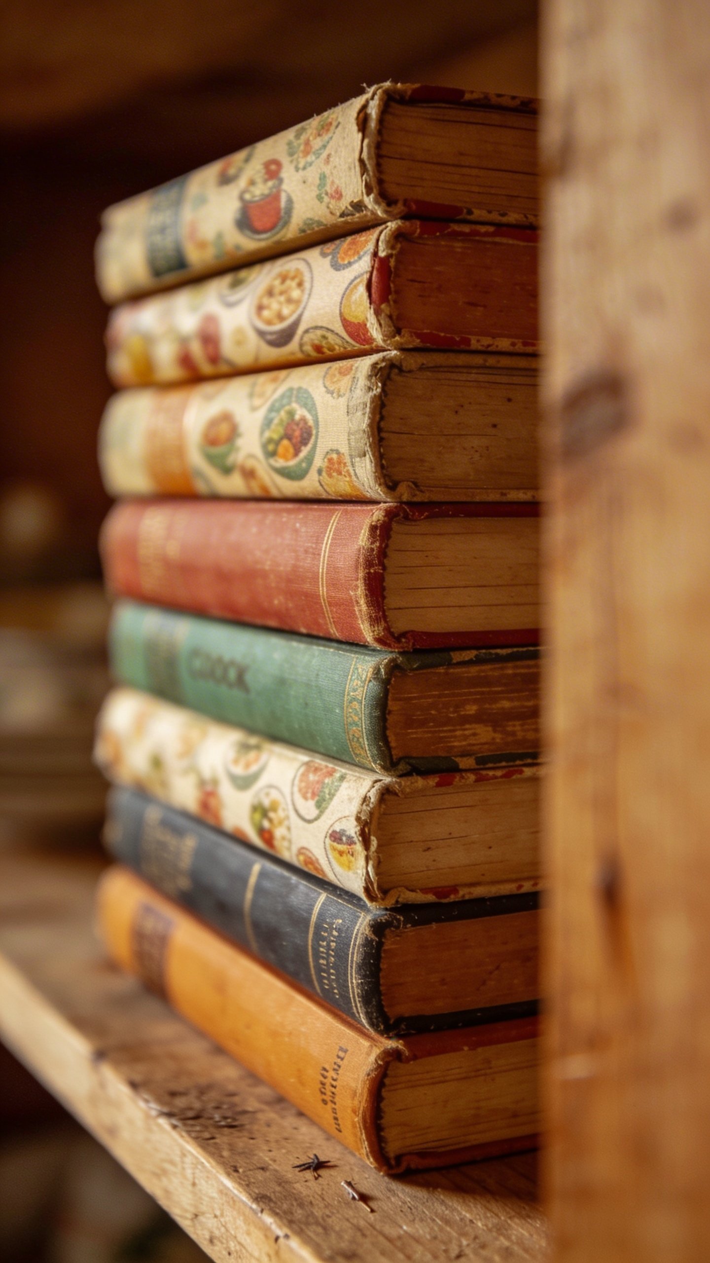 Colorful vintage cookbooks stacked vertically on wooden shelf