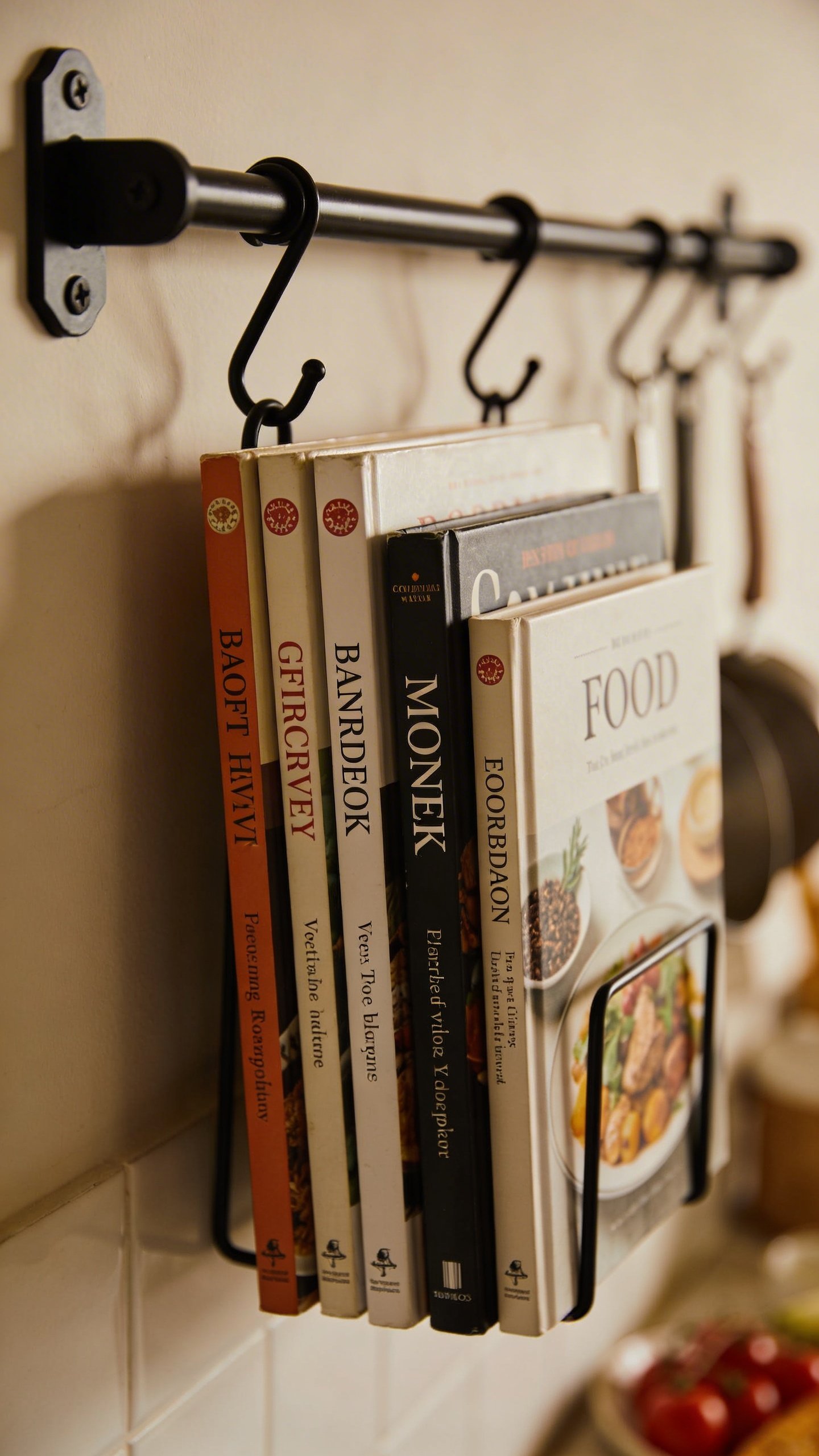 Closeup of cookbook spines showing titles on wall-mounted rack