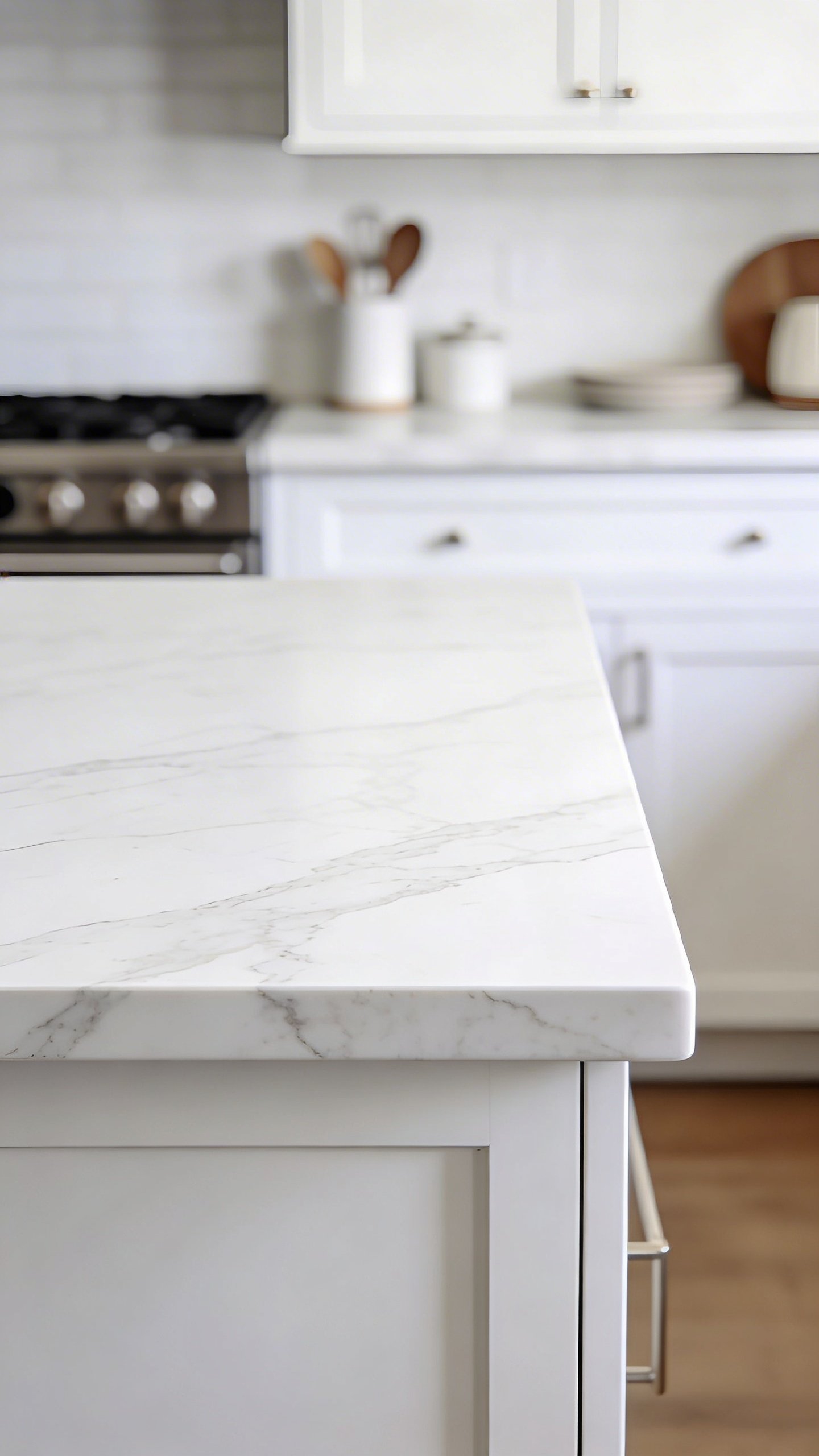 Clean white marble kitchen countertop, minimalist styling