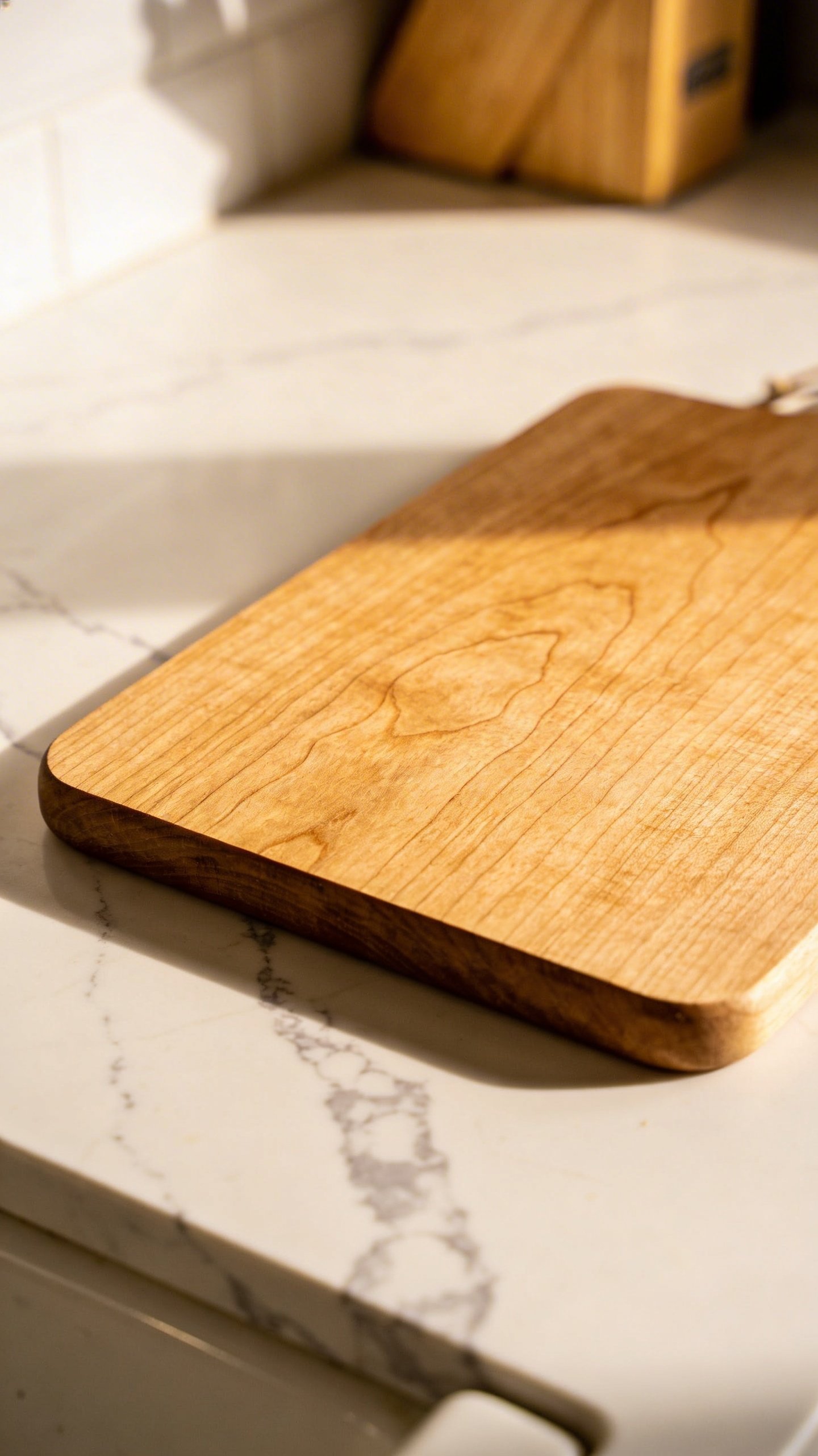 Natural oak cutting board on white marble countertop