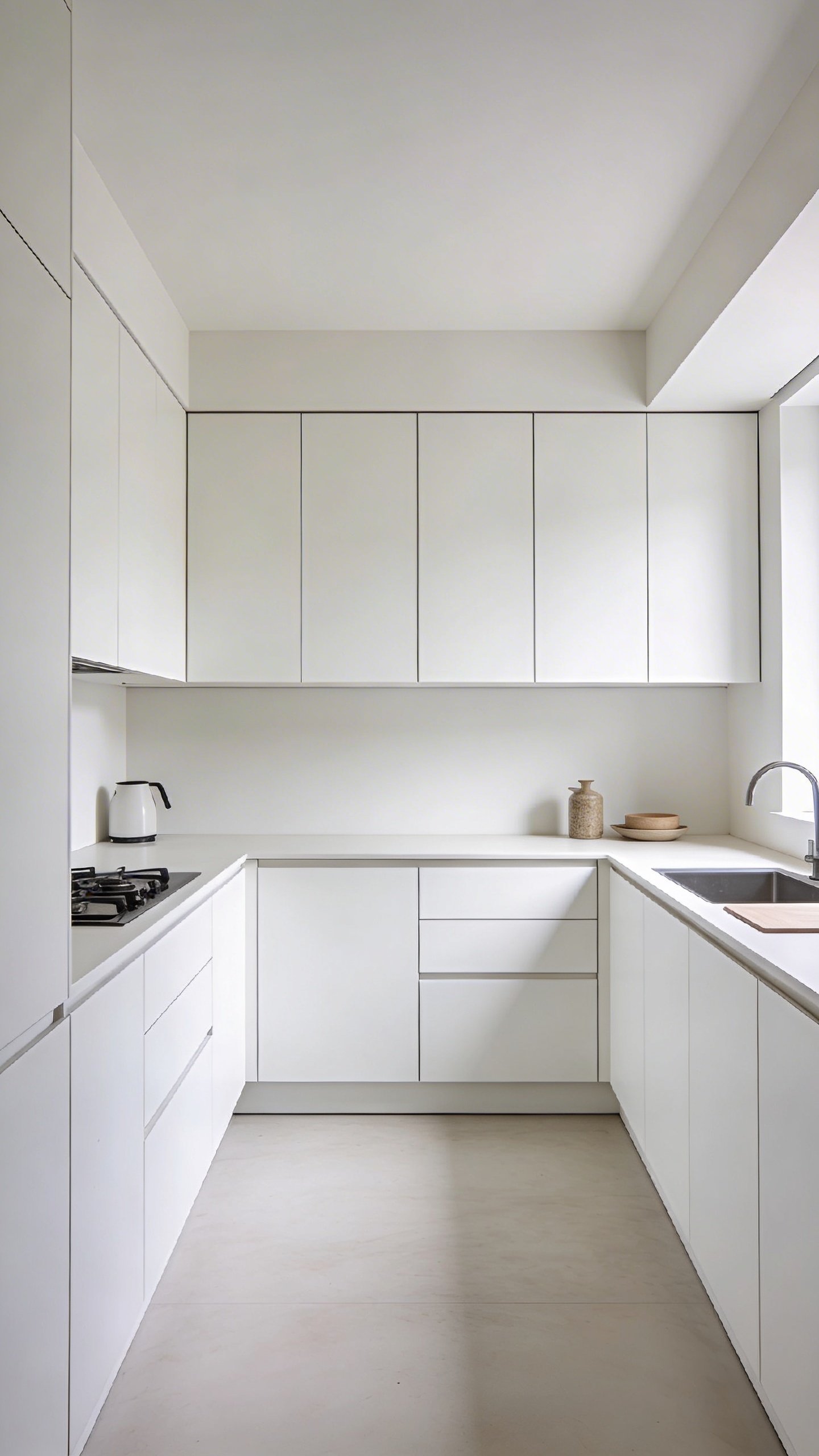 White kitchen cabinets showing empty space above to ceiling