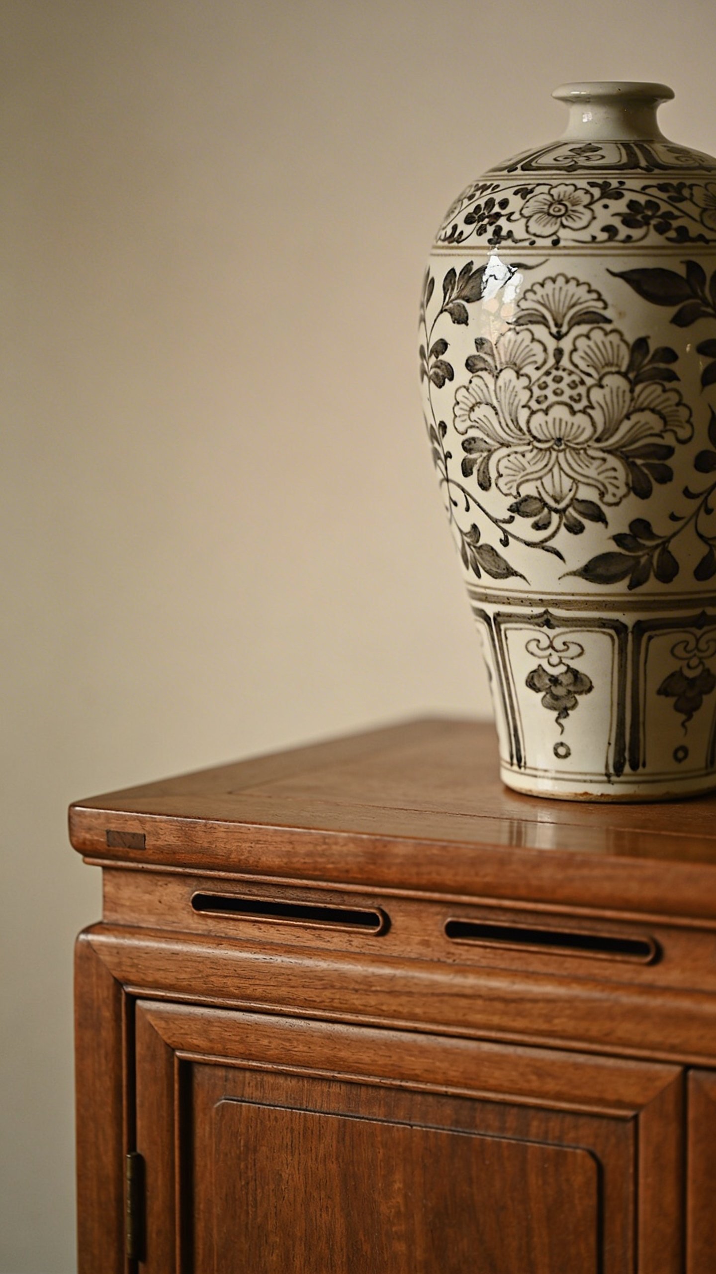 Decorative ceramic vase placed on top of cabinet