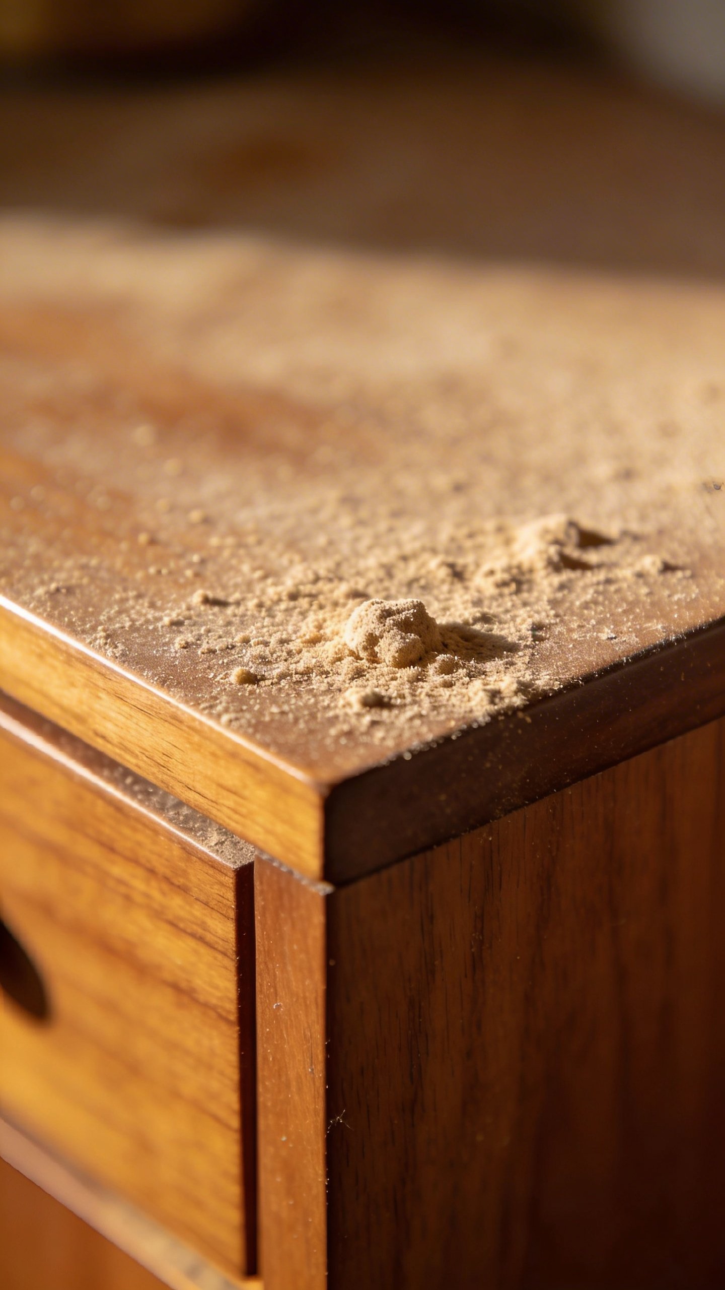Closeup of dust accumulated on cabinet top surface